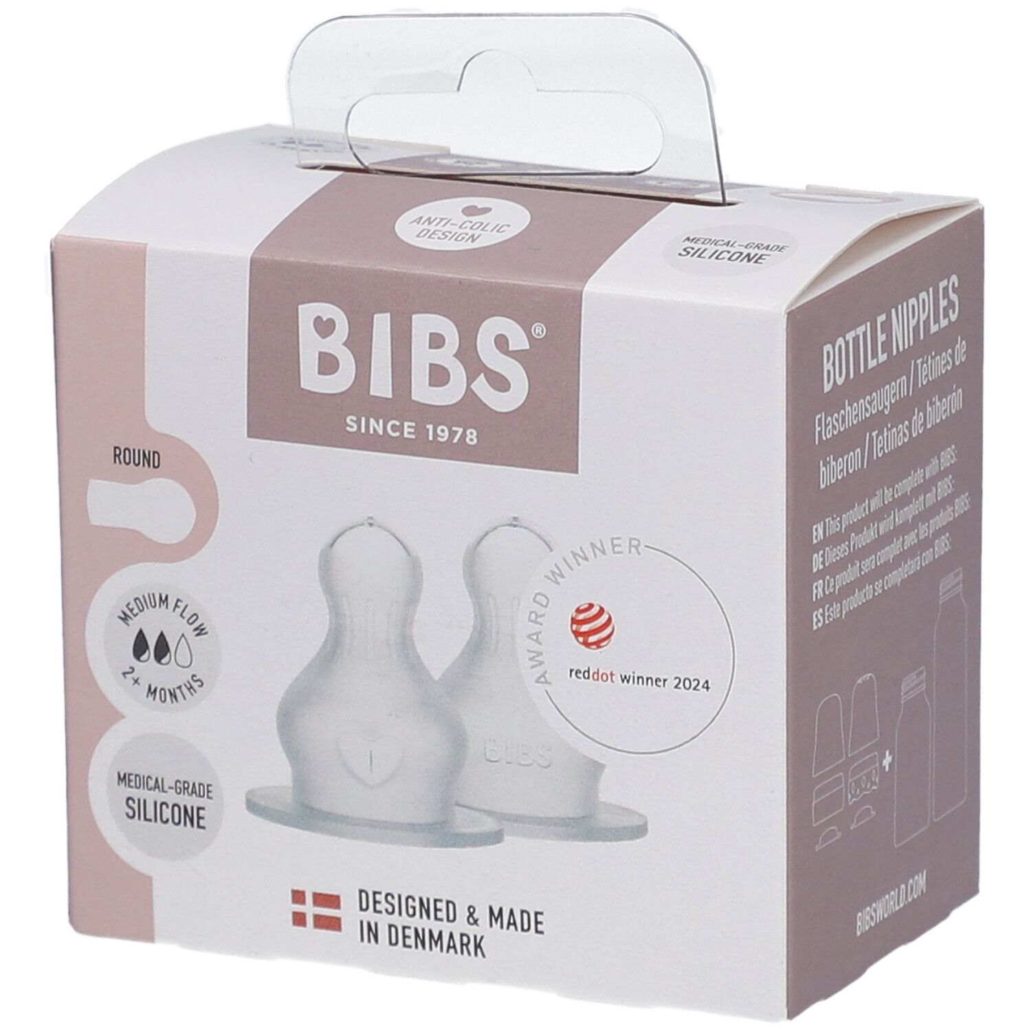 Verpackung mit zwei Flaschensauger. Marke BIBS, seit 1978. Runde Form, Medium Flow, 2+ Monate. Medizinischer Silikon.