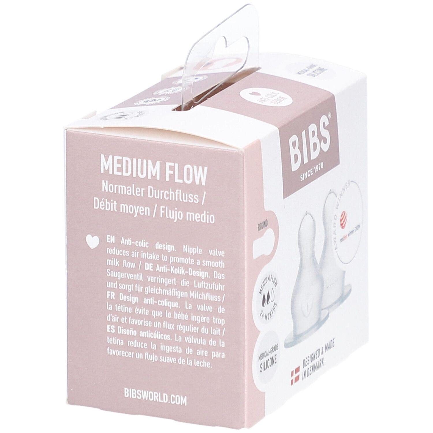 Verpackung mit zwei Flaschensauger. Marke BIBS, seit 1978. Runde Form, Medium Flow, 2+ Monate. Medizinischer Silikon.