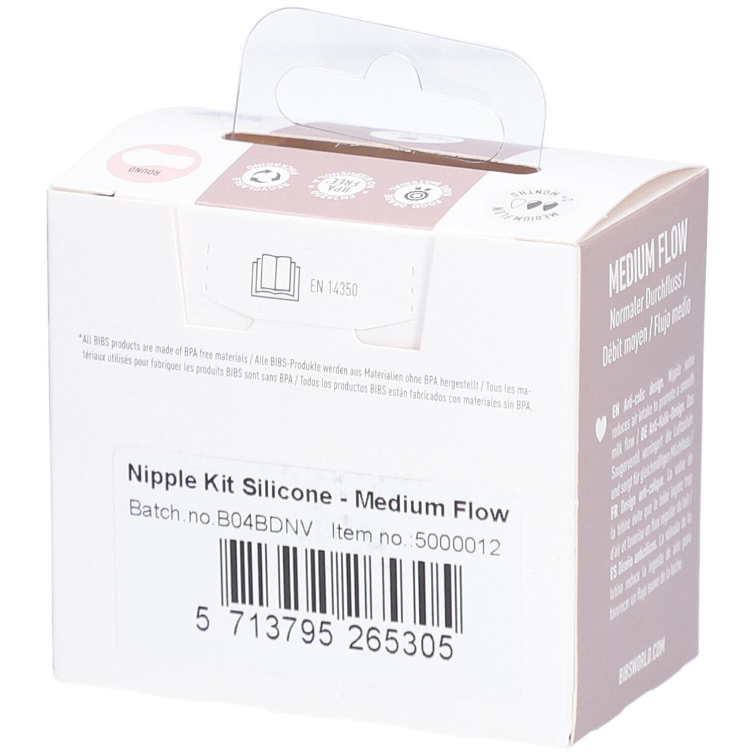 Verpackung mit zwei Flaschensauger. Marke BIBS, seit 1978. Runde Form, Medium Flow, 2+ Monate. Medizinischer Silikon.