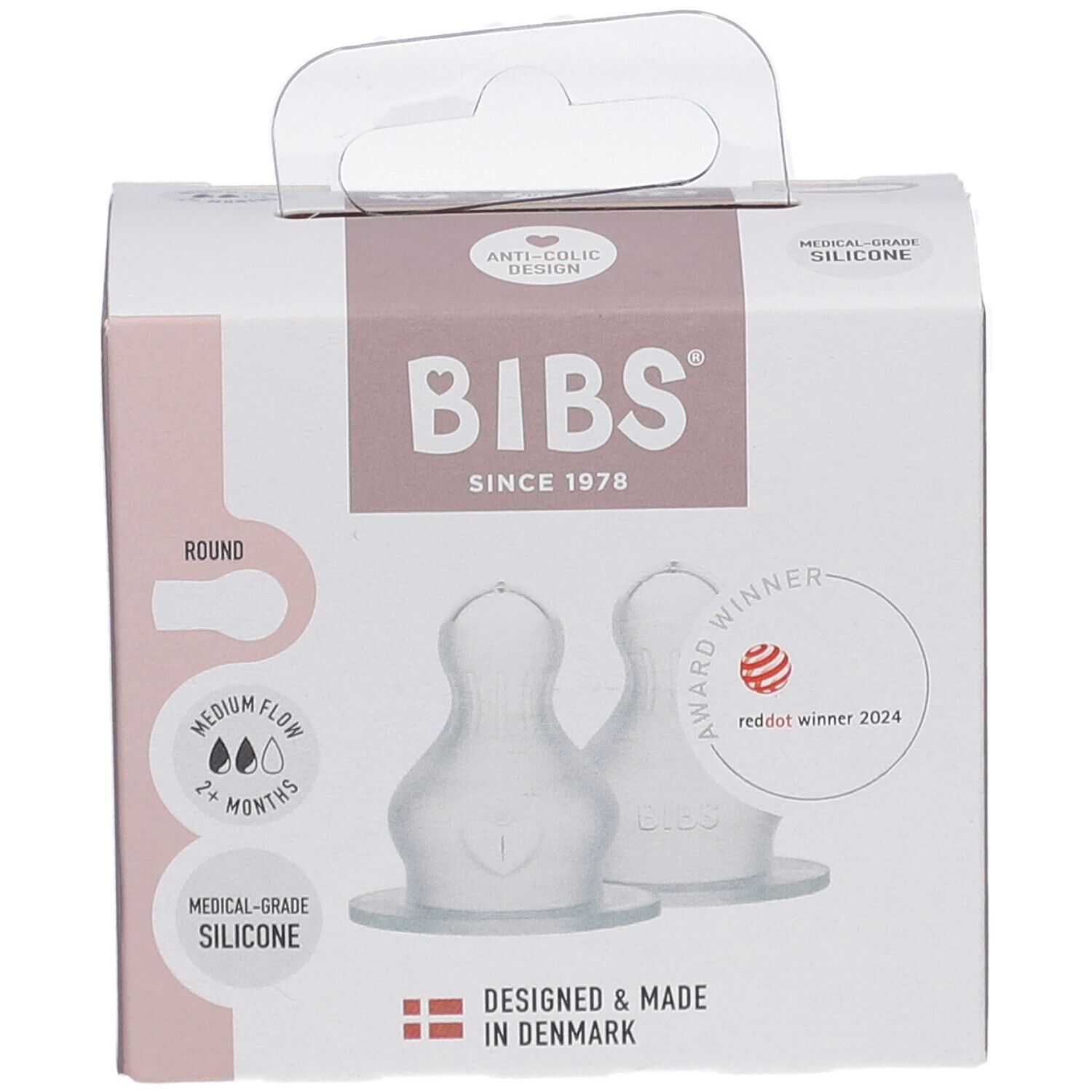 Verpackung mit zwei Flaschensauger. Marke BIBS, seit 1978. Runde Form, Medium Flow, 2+ Monate. Medizinischer Silikon.