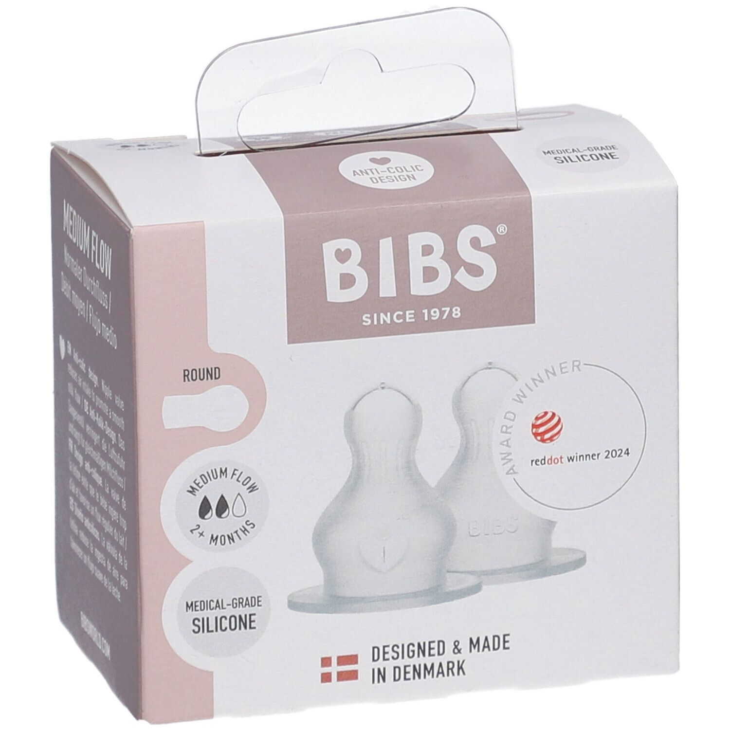 Verpackung mit zwei Flaschensauger. Marke BIBS, seit 1978. Runde Form, Medium Flow, 2+ Monate. Medizinischer Silikon.