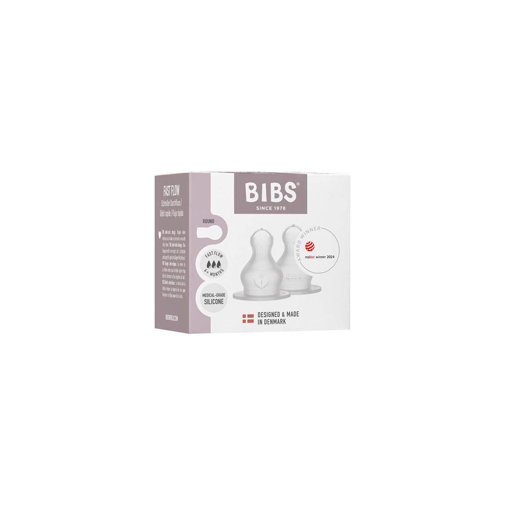 BIBS tétines en silicone, lot de 2. Emballage avec deux tétines en silicone transparentes. Prix: Red Dot Winner 2024.
