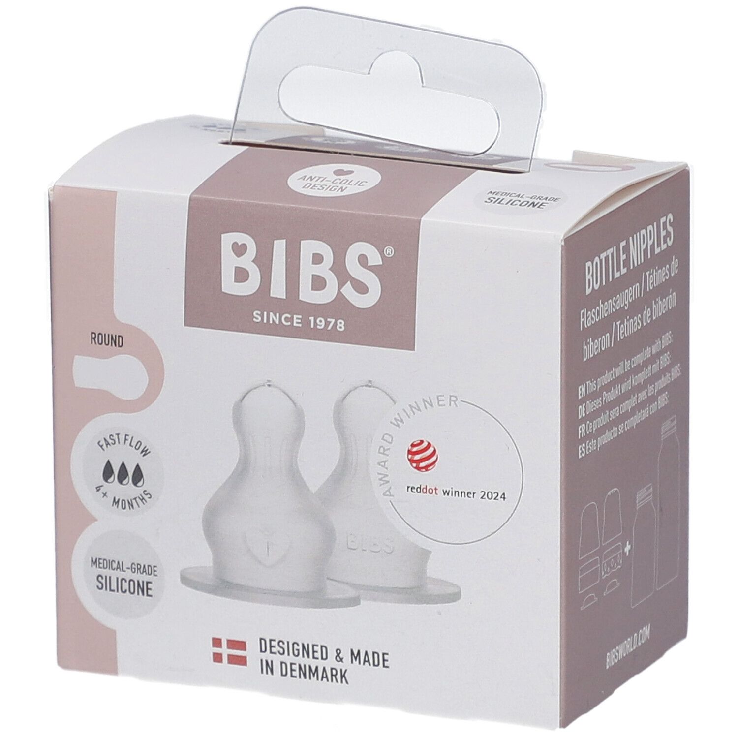 BIBS tétines en silicone, lot de 2. Emballage avec deux tétines en silicone transparentes. Prix: Red Dot Winner 2024.