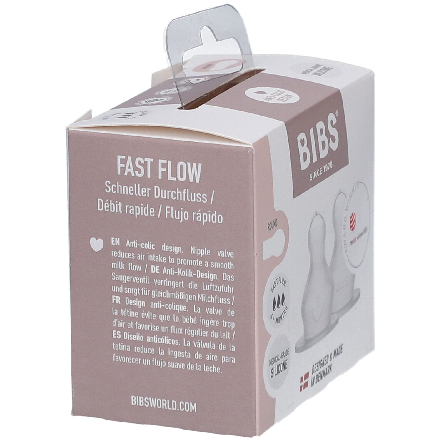 BIBS tétines en silicone, lot de 2. Emballage avec textes multilingues. Débit rapide. Design anti-colique.