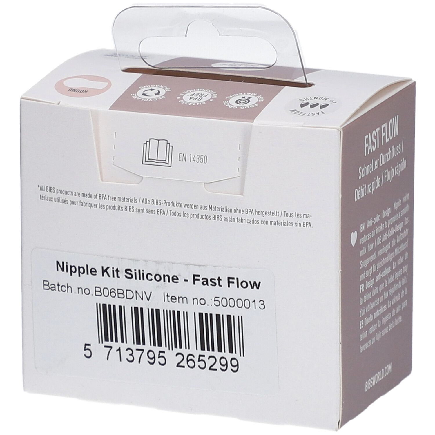 BIBS tétines en silicone, lot de 2. Emballage avec code-barres et numéro de lot. Contient des informations sur les matériaux sans BPA.