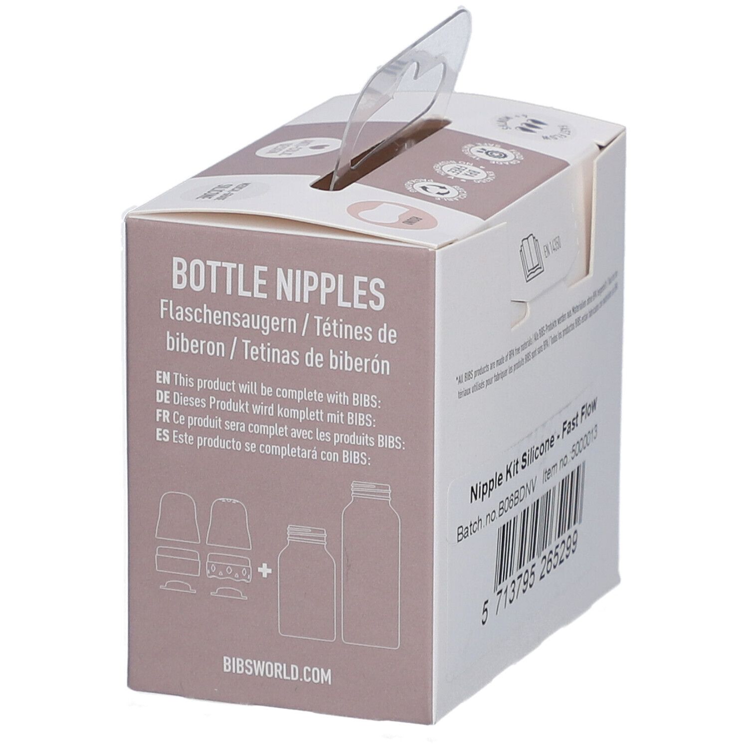 BIBS tétines en silicone, lot de 2. Emballage avec illustrations de biberons. Contient des informations sur les matériaux sans BPA.