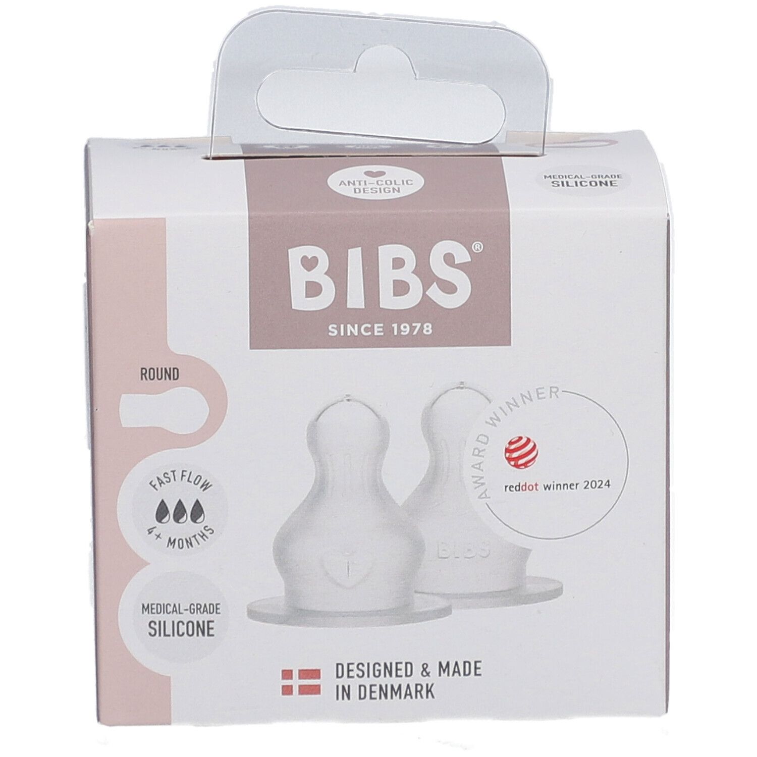 BIBS tétines en silicone, lot de 2. Emballage avec deux tétines en silicone transparentes. Prix: Red Dot Winner 2024.