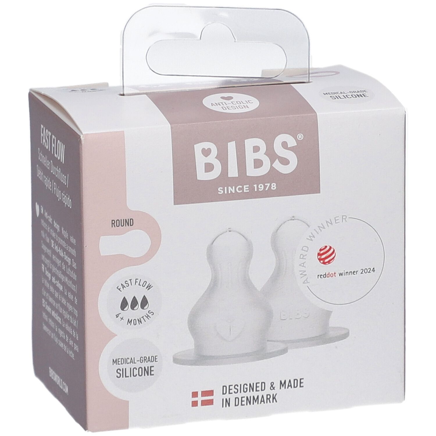 BIBS tétines en silicone, lot de 2. Emballage avec deux tétines en silicone transparentes. Prix: Red Dot Winner 2024.