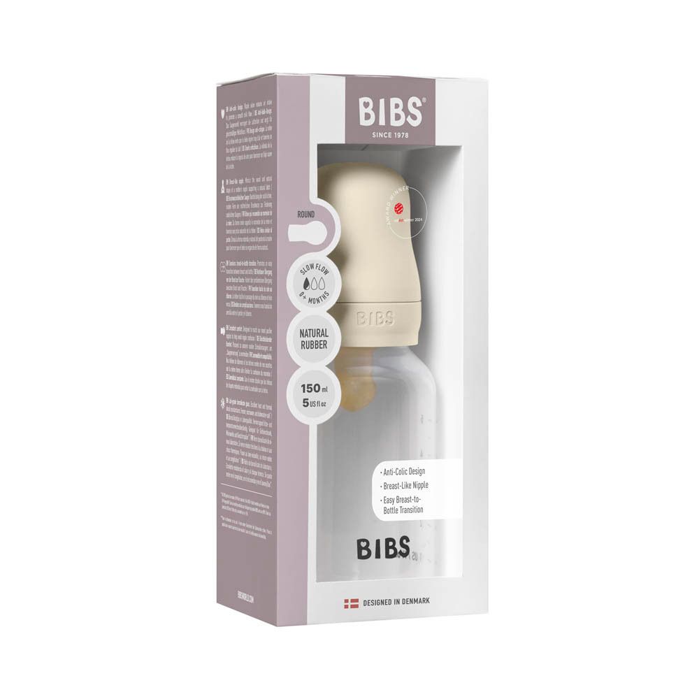 Biberon dans son emballage. Biberon ivoire avec couvercle et tétine. Logo BIBS.