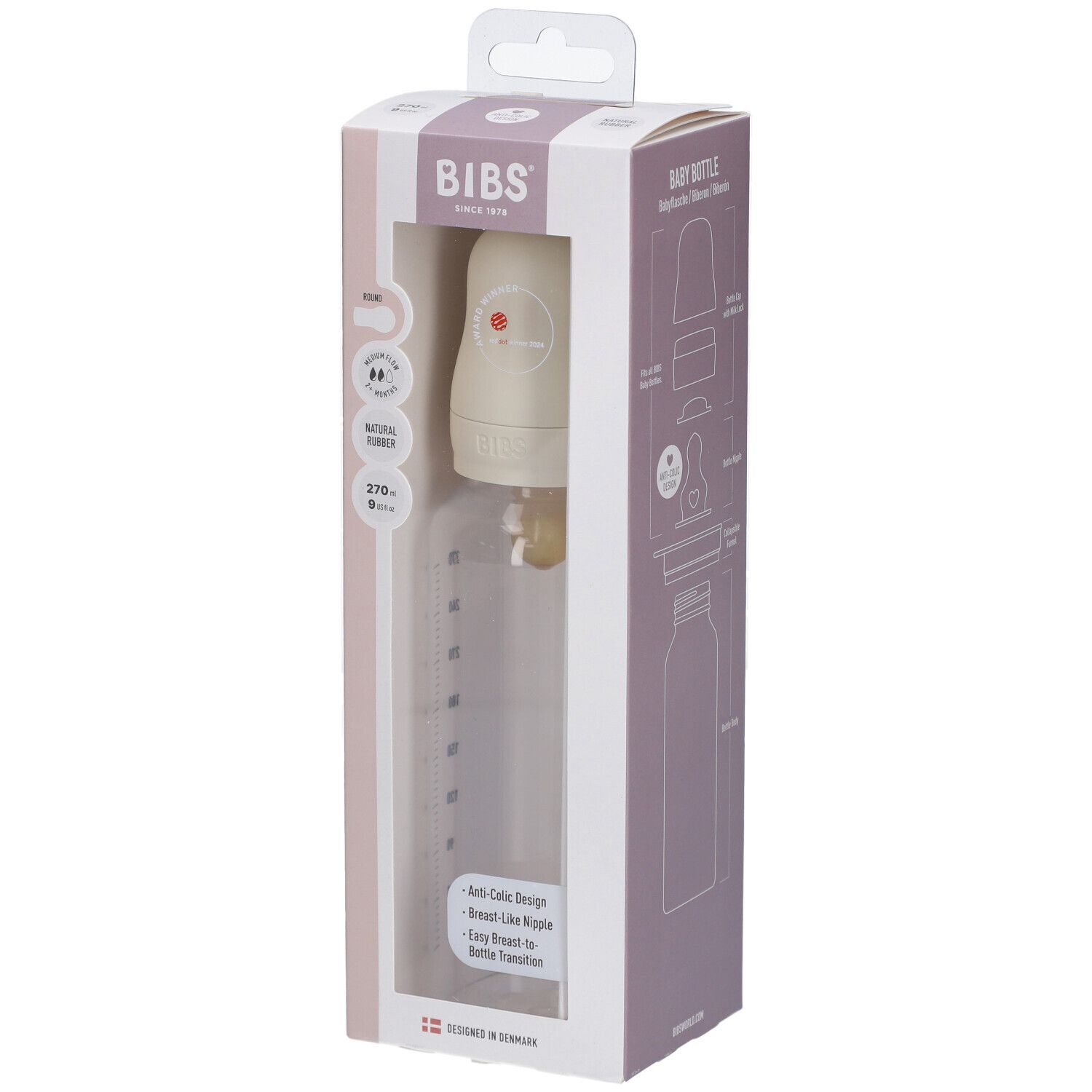 BIBS Baby Glasflasche Komplettset in Verpackung. Flasche, Deckel, Sauger, beige. Sichtfenster.