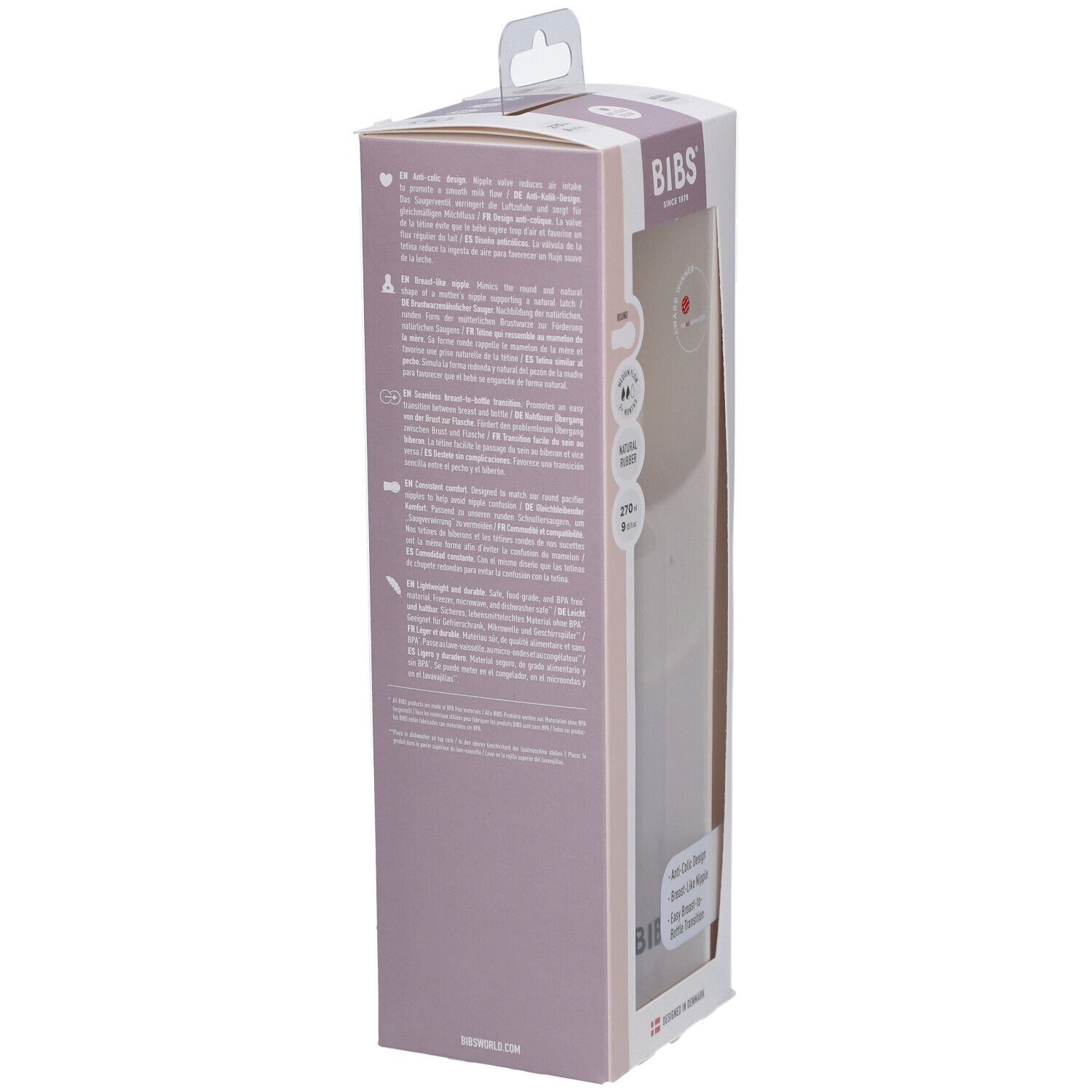 Rückseite der BIBS Baby Glasflasche Komplettset Verpackung. Text in mehreren Sprachen.