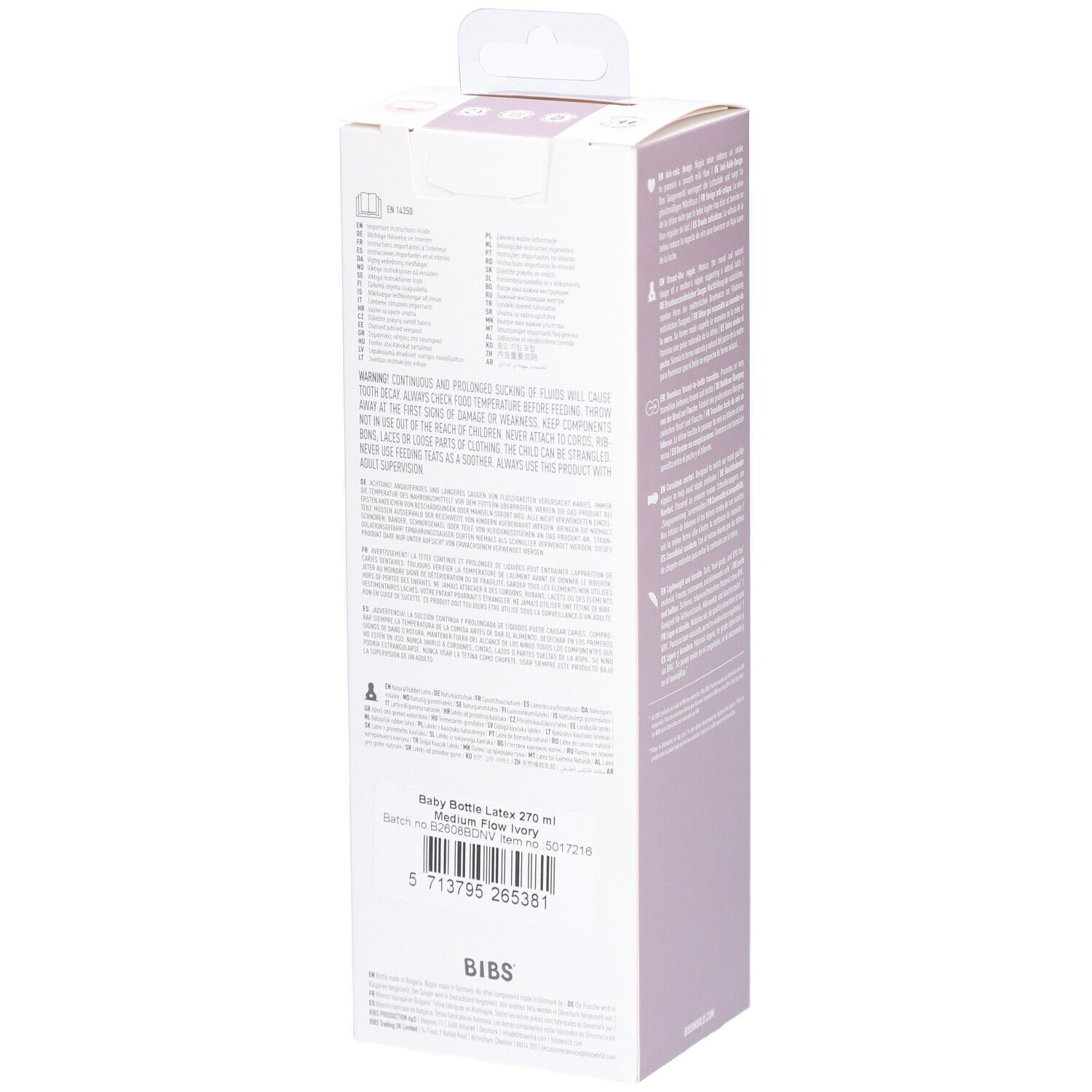 Rückseite der BIBS Baby Glasflasche Komplettset Verpackung. Text in mehreren Sprachen.