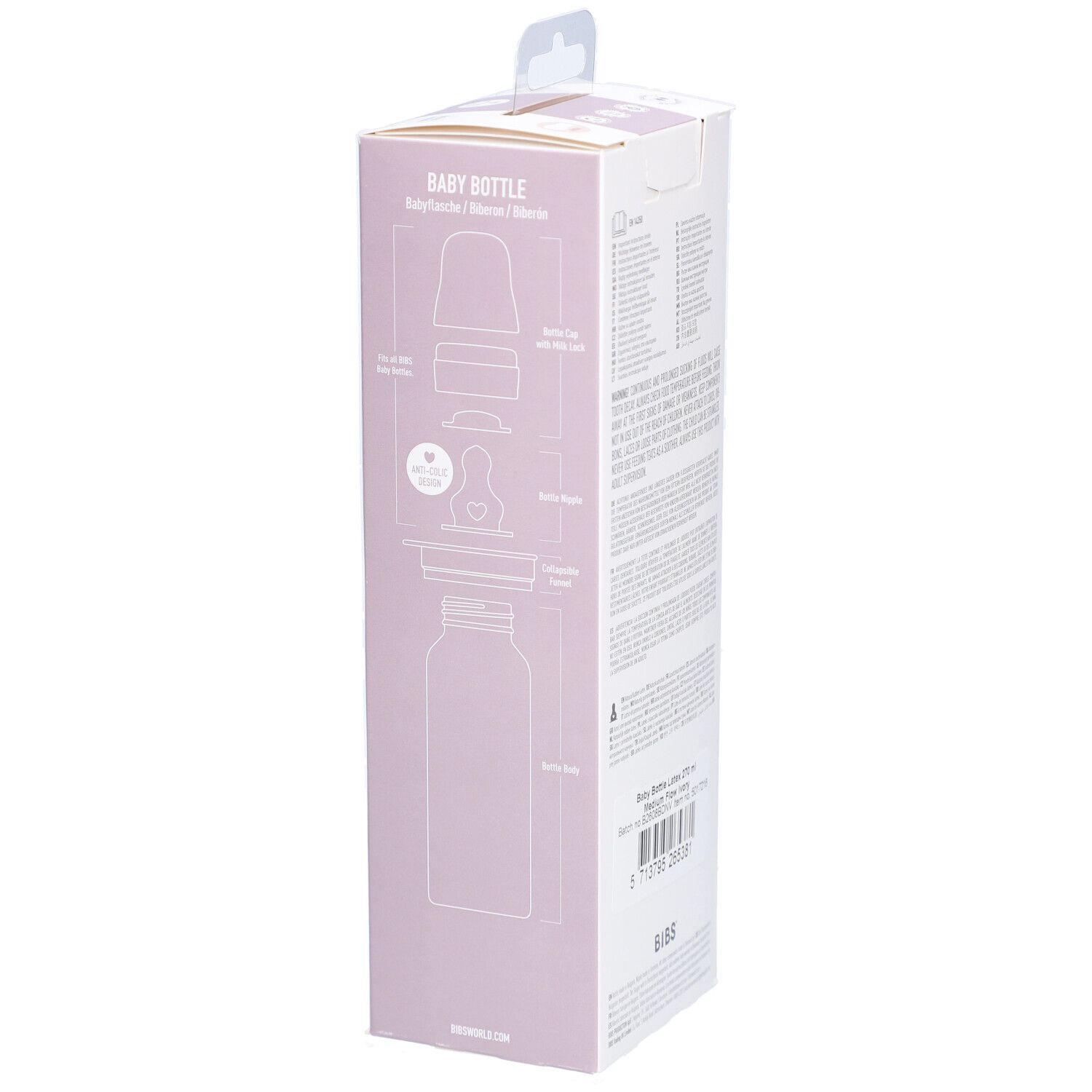 Seite der BIBS Baby Glasflasche Komplettset Verpackung. Illustrationen der Komponenten.
