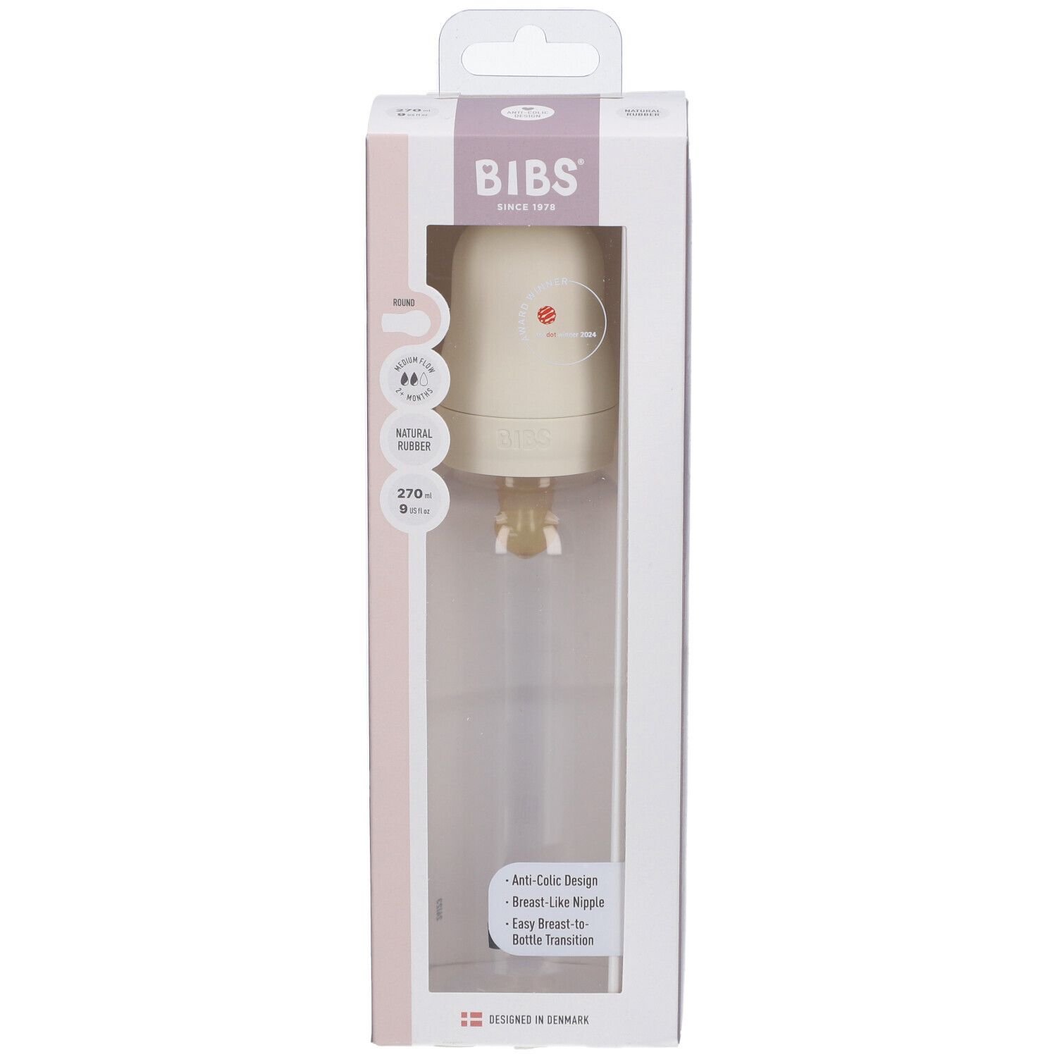 BIBS Baby Glasflasche Komplettset in Verpackung. Flasche, Deckel, Sauger, beige. Sichtfenster.