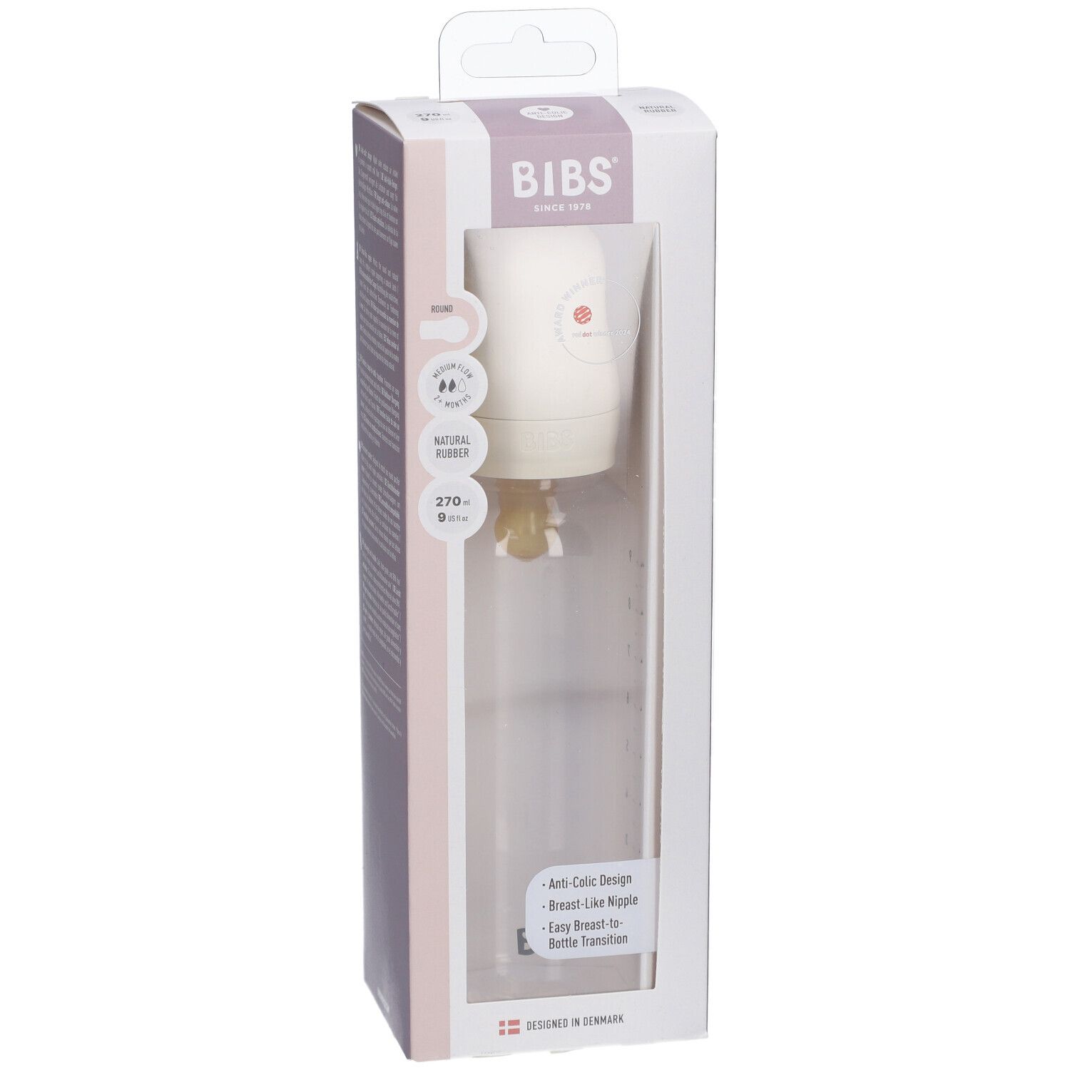 BIBS Baby Glasflasche Komplettset in Verpackung. Flasche, Deckel, Sauger, beige. Sichtfenster.