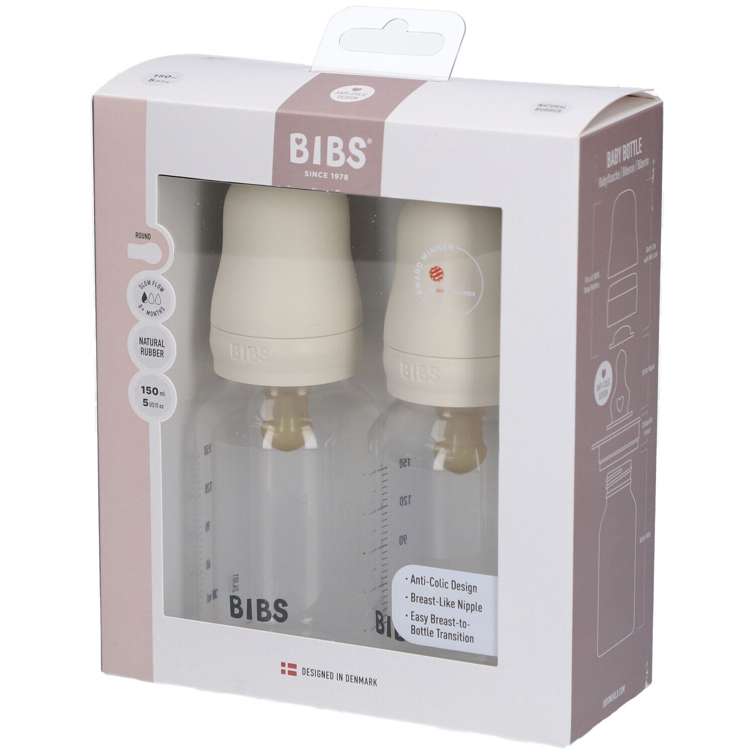 Emballage de deux biberons. Visibles: bouteilles, tétines, couvercles. Marque BIBS. Ivoire.