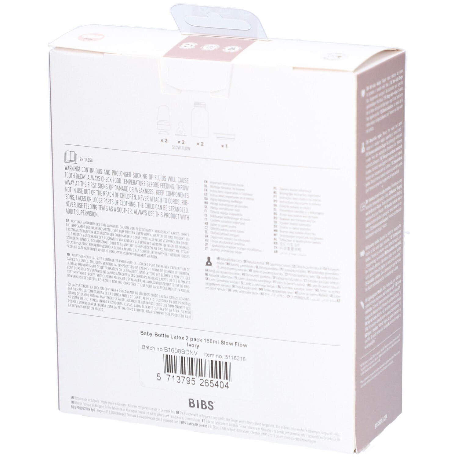 Dos de l'emballage avec texte. Nom du produit: Baby Bottle Latex 2 pack. Marque BIBS.
