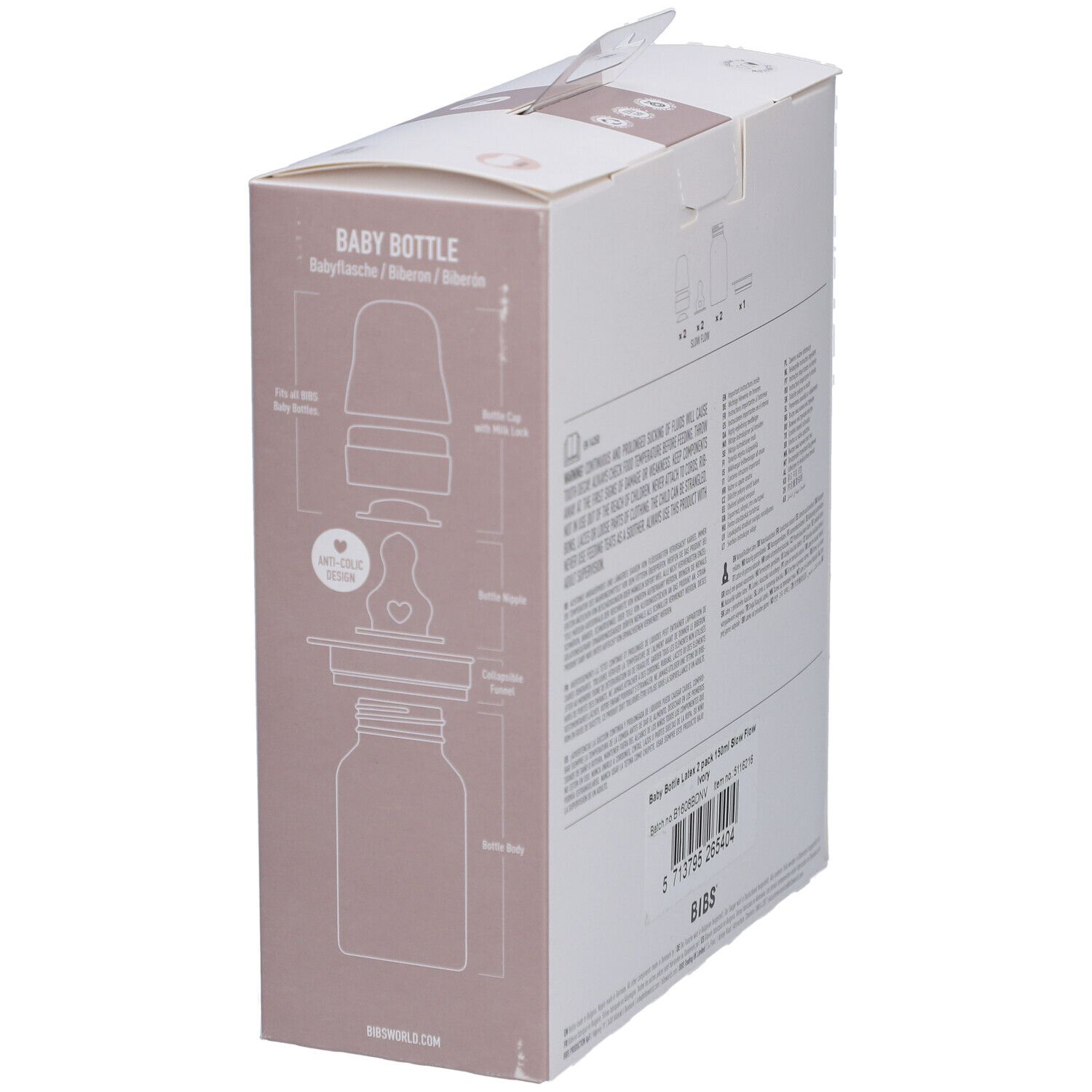 Vue latérale de l'emballage avec illustration du produit. Biberon avec pièces. Marque BIBS.