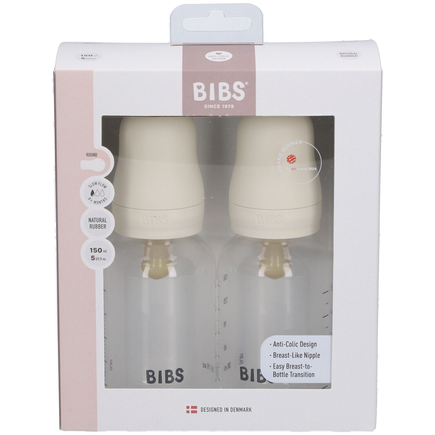 Deux biberons dans l'emballage. Bouteilles, tétines, couvercles. Marque BIBS. Ivoire. 150ml.