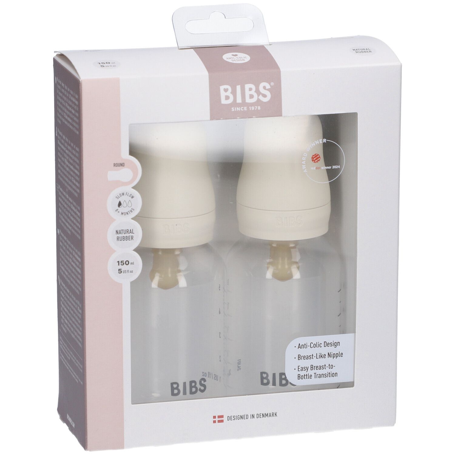 Deux biberons dans l'emballage. Bouteilles, tétines, couvercles. Marque BIBS. Ivoire. 150ml.