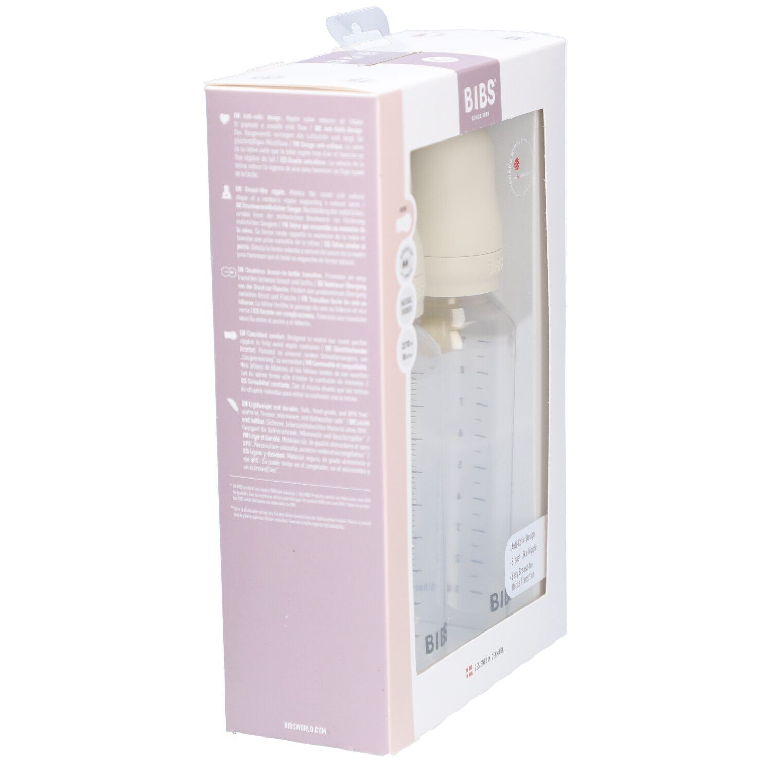 BIBS Babyflasche in Verpackung. Flasche mit Messskala, Sauger und Deckel. Verpackung mit Produktinformationen und BIBS-Logo.