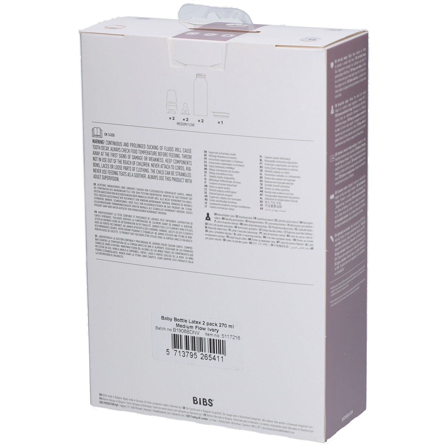 Rückseite der BIBS Babyflaschen-Verpackung. Produktinformationen, Warnhinweise und BIBS-Logo. In verschiedenen Sprachen.