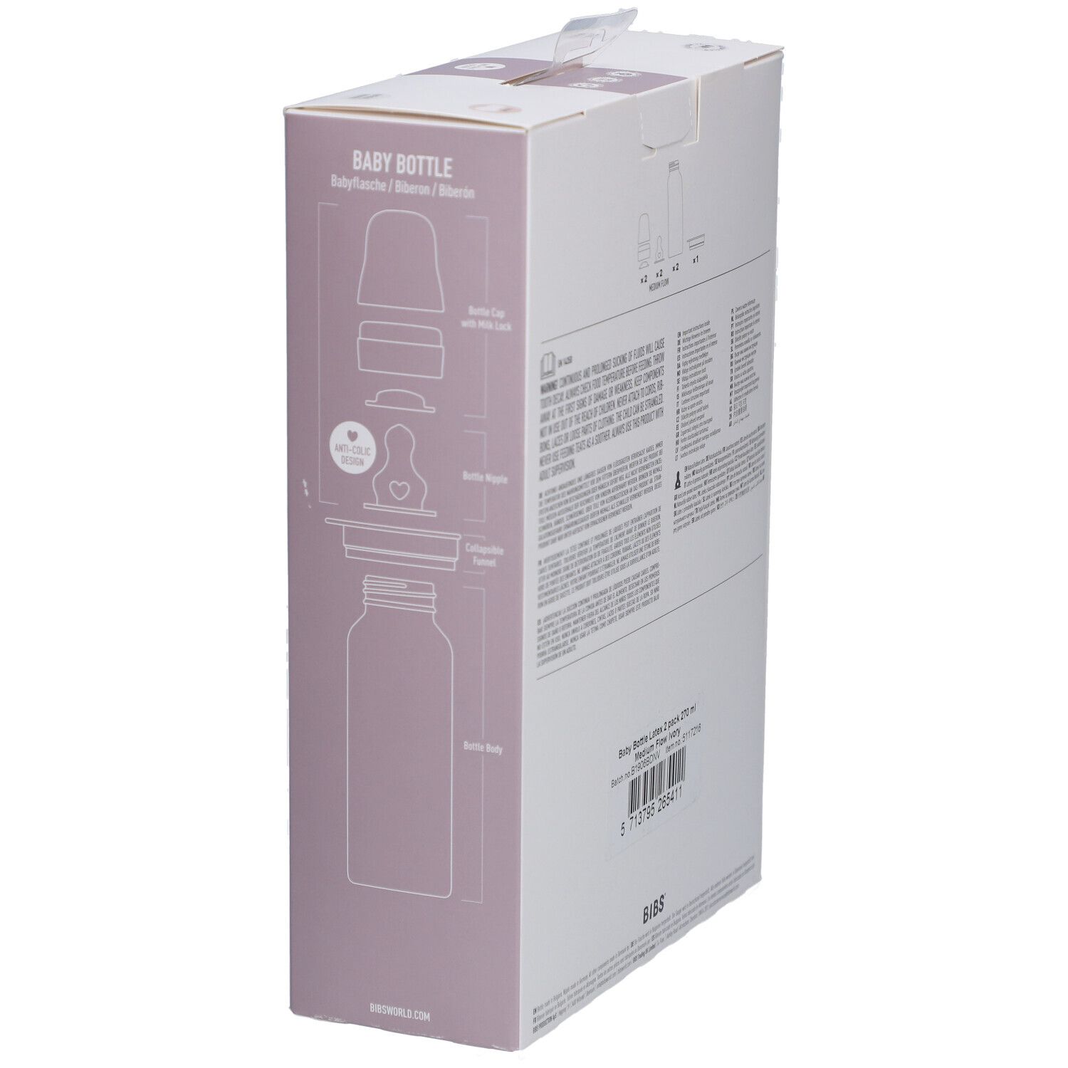 Verpackung der BIBS Babyflaschen. Produktabbildung, Komponenten und Informationen. BIBS-Logo und Produktbezeichnung.