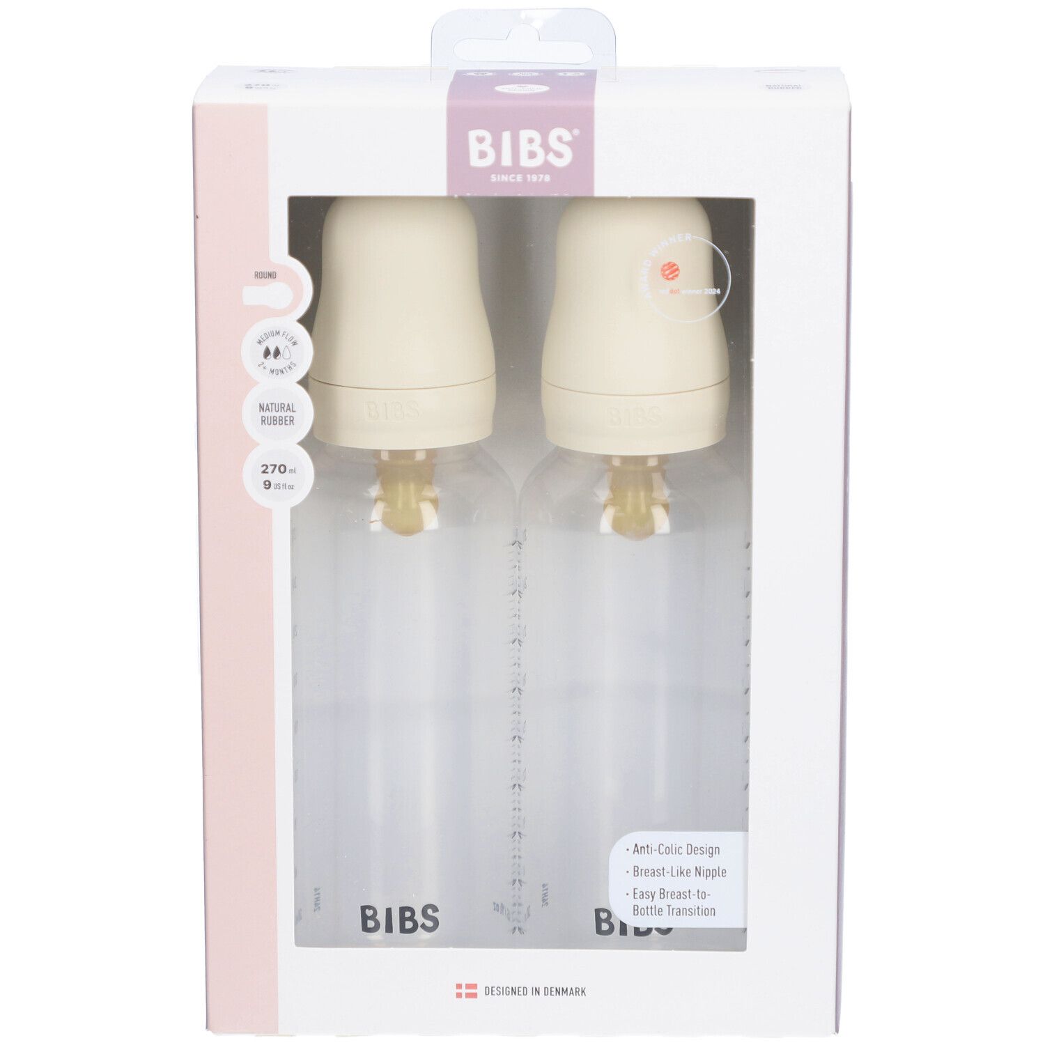 BIBS Babyflaschen-Set, 2er-Pack, Elfenbein. Zwei Flaschen in Verpackung. Mit Messskala, Sauger und Deckel. BIBS-Logo.