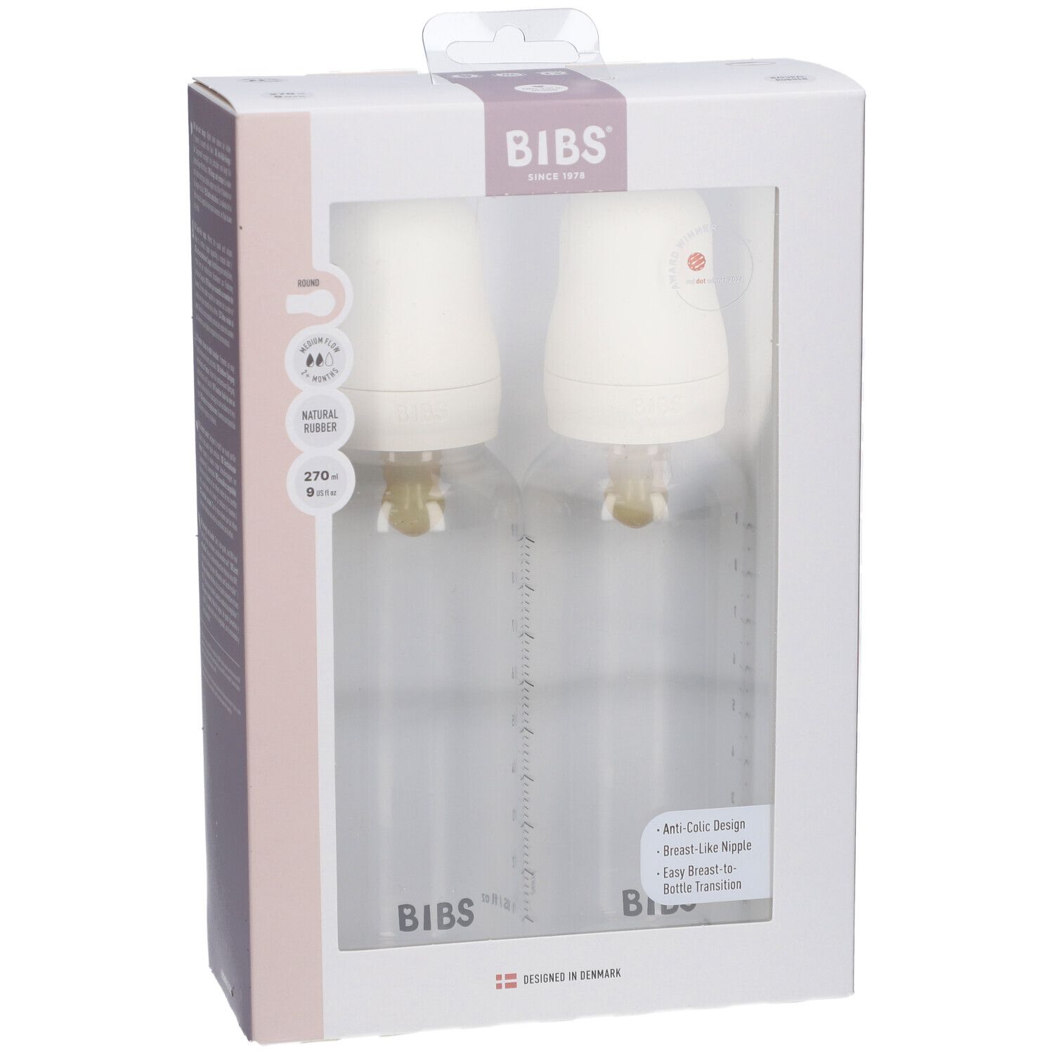 BIBS Babyflaschen-Set, 2er-Pack, Elfenbein. Zwei Flaschen in Verpackung. Mit Messskala, Sauger und Deckel. BIBS-Logo.