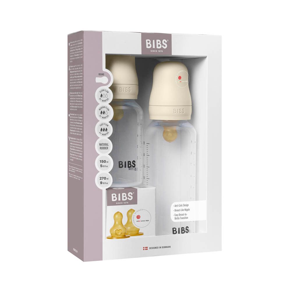 Coffret biberon BIBS. Deux biberons, deux tétines, une boîte avec deux tétines supplémentaires. Ivoire et transparent.