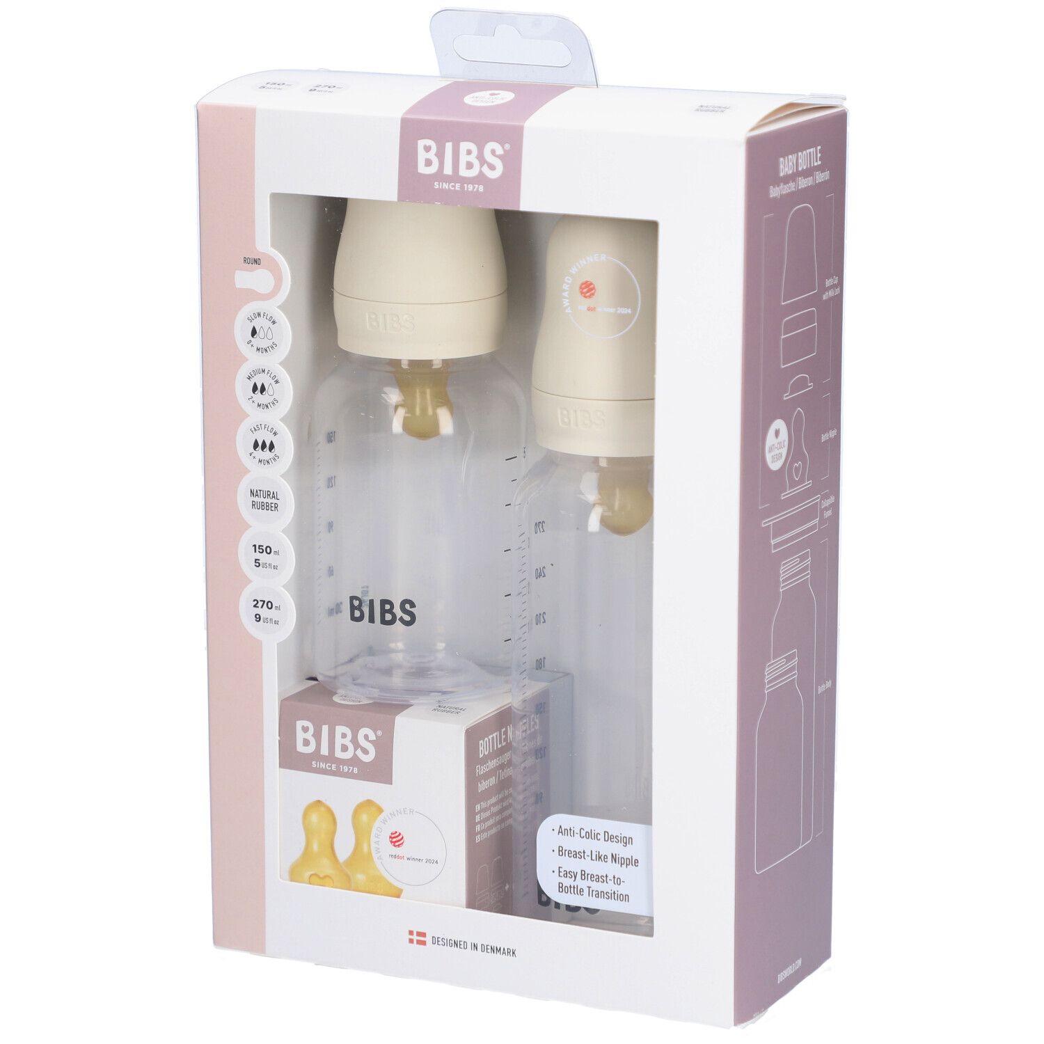 Coffret BIBS biberon. Deux biberons, deux tétines, une boîte avec deux tétines supplémentaires. Ivoire et transparent.