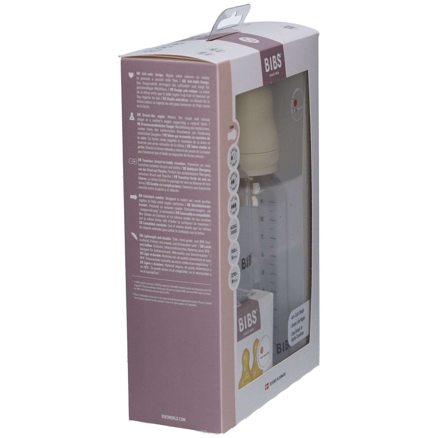 Vue latérale du coffret biberon BIBS. Biberon visible. Texte: BIBS, depuis 1978. Ivoire et transparent.