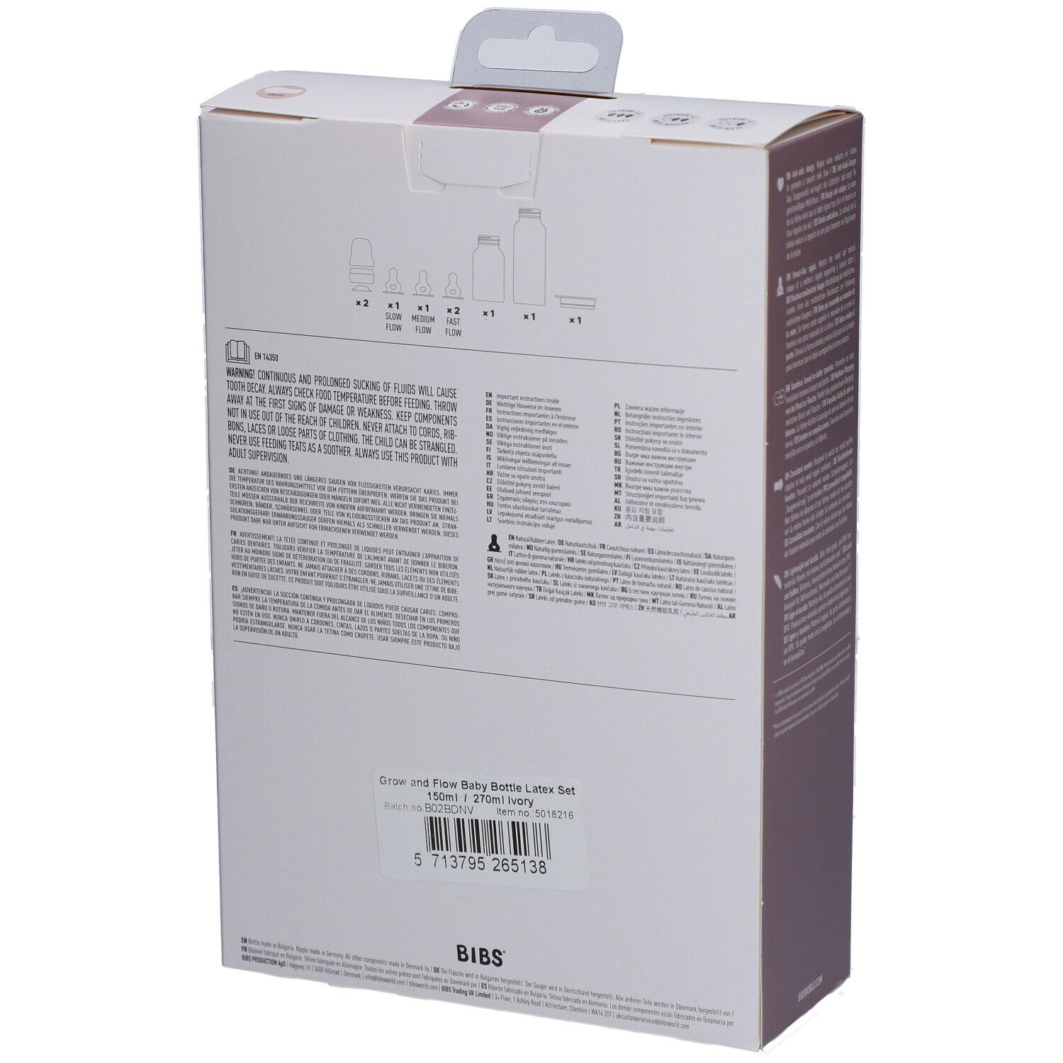Dos du coffret biberon BIBS. Texte et illustrations du produit. Ivoire et transparent.