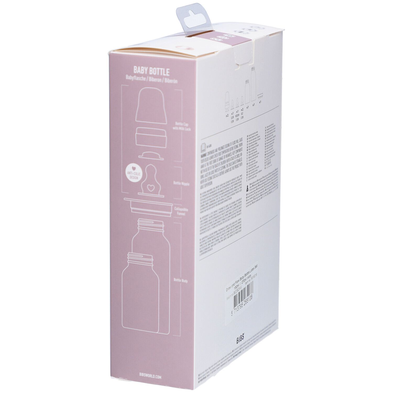 Vue latérale du coffret biberon BIBS. Illustrations des biberons. Ivoire et transparent.