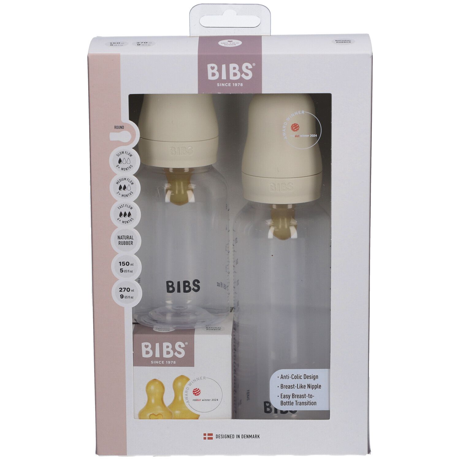 Coffret biberon BIBS. Deux biberons, deux tétines, une boîte avec deux tétines supplémentaires. Ivoire et transparent.