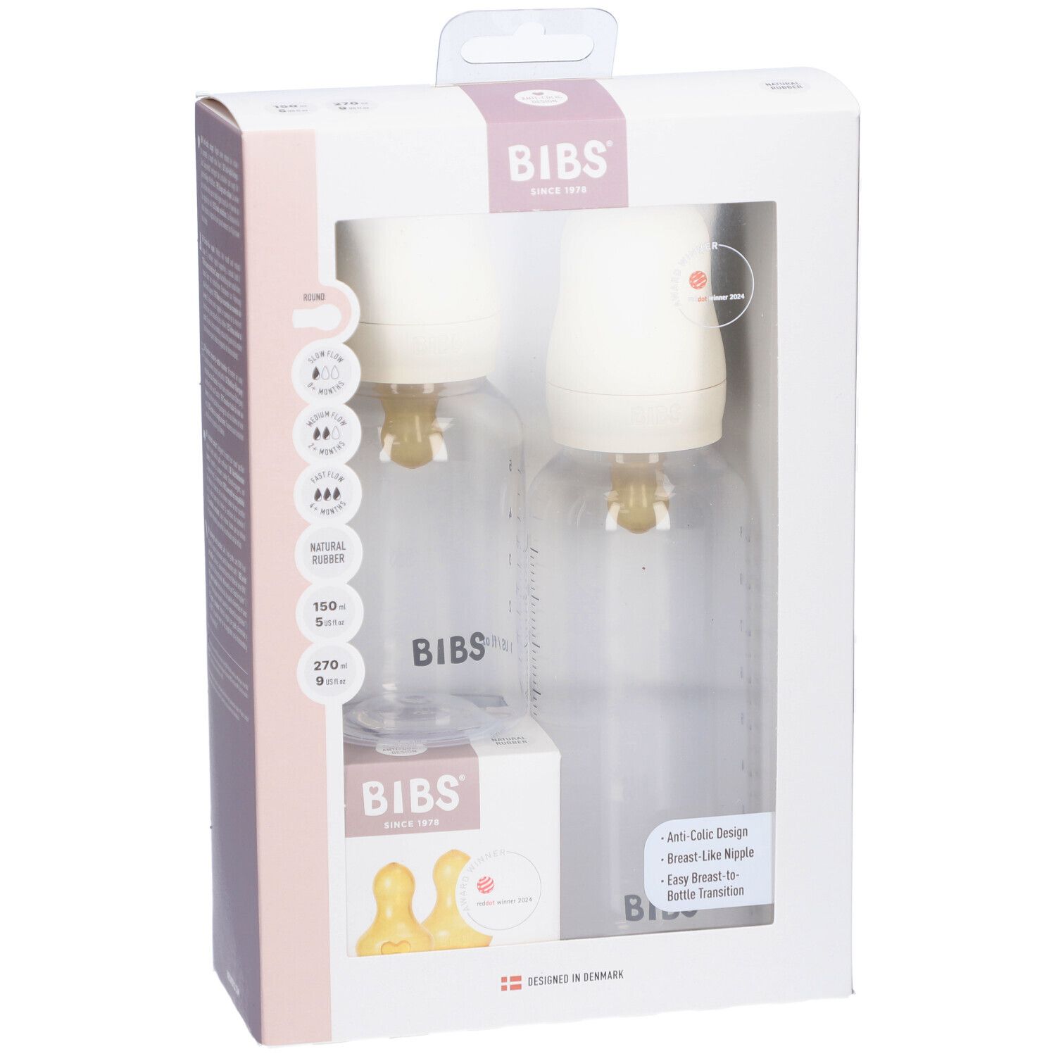 Coffret biberon BIBS. Deux biberons, deux tétines, une boîte avec deux tétines supplémentaires. Ivoire et transparent.