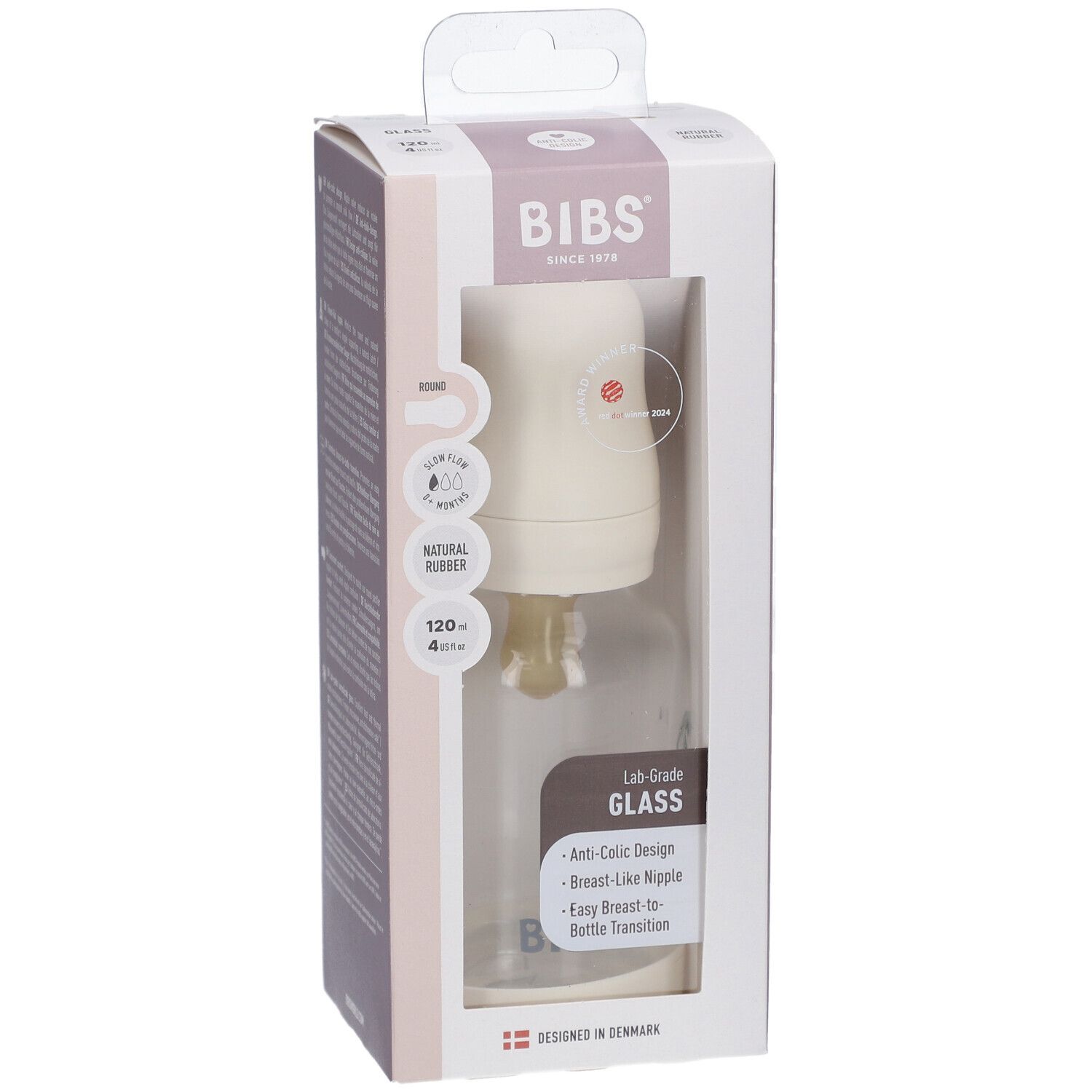 BIBS Babyflasche aus Glas, 120 ml, im Karton. Sichtbar: Flasche, Deckel, Sauger. Verpackung mit Produktinformationen.