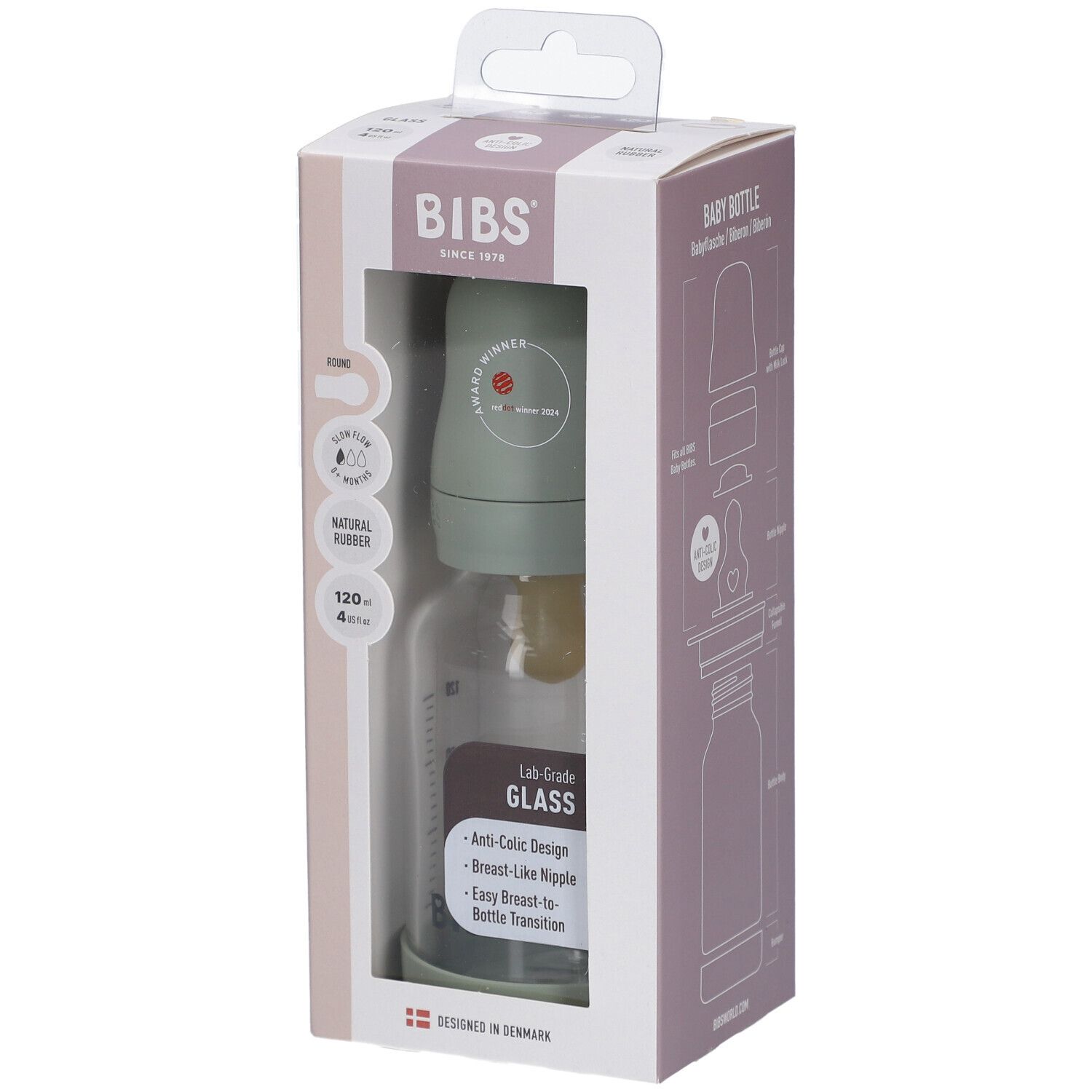 BIBS Babyflasche in Verpackung. Glasflasche mit grünem Deckel, Sauger und Flaschenhals. Sichtfenster zeigt Produkt.