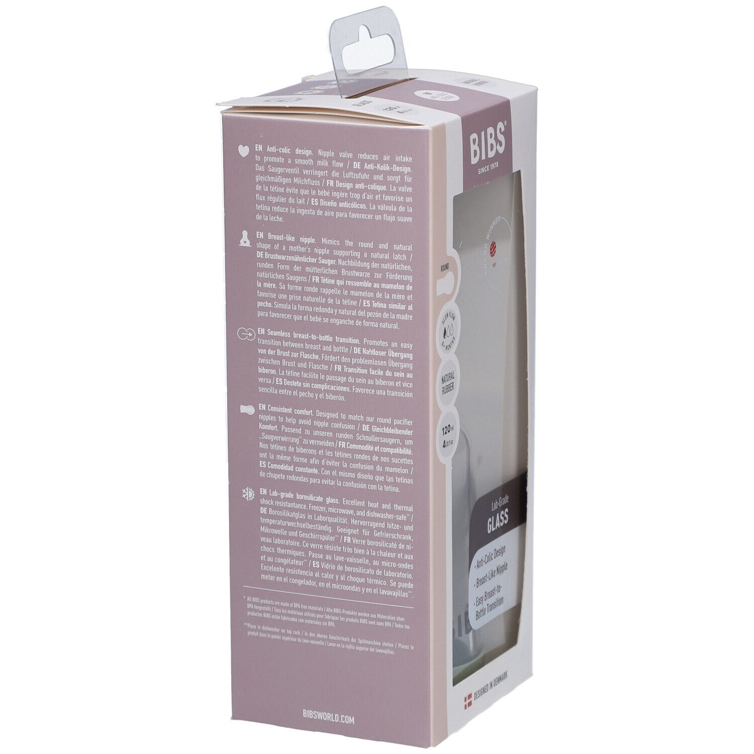 Verpackung der BIBS Babyflasche. Seitenansicht mit Text und Produktinformationen. Aufhängelasche oben.