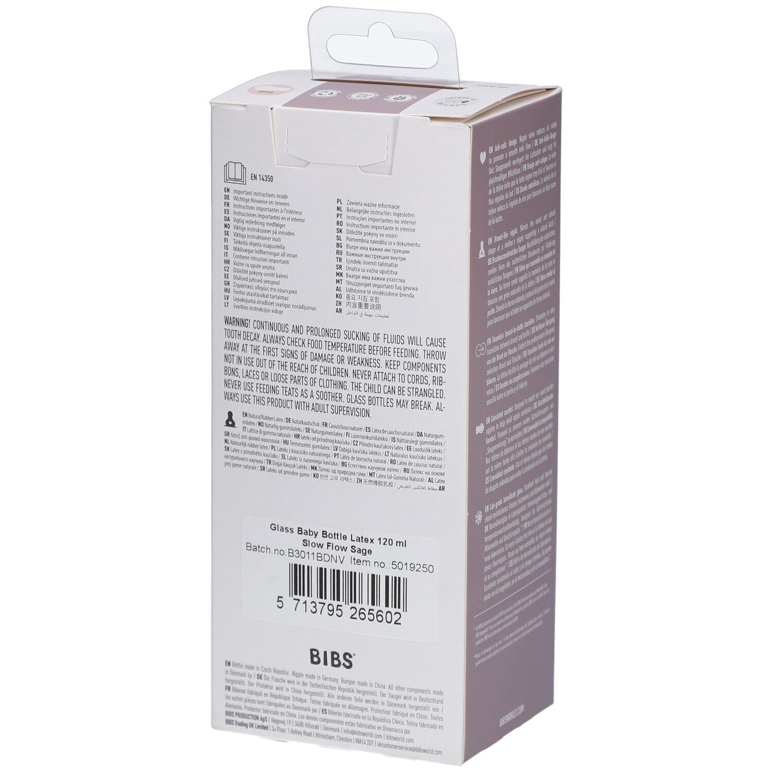 Rückseite der BIBS Babyflaschen-Verpackung. Textliche Produktinformationen, Chargennummer und Barcode.