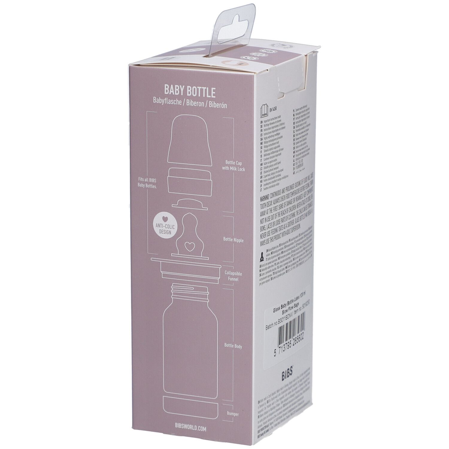 Verpackung der BIBS Babyflasche. Explosionszeichnung der Flaschenkomponenten. Flasche, Deckel, Sauger.