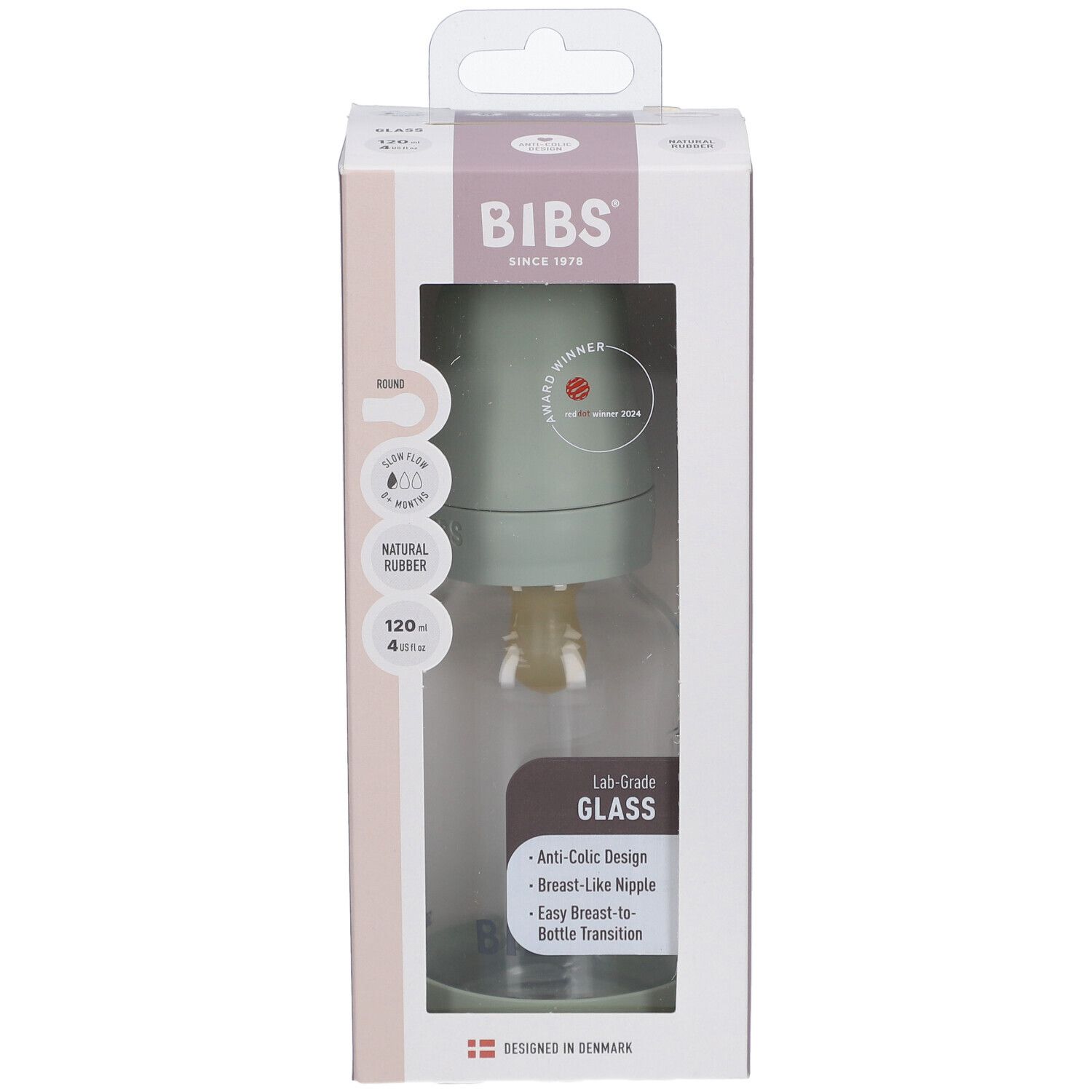 BIBS Babyflasche in Verpackung. Glasflasche mit grünem Deckel und Sauger. Sichtfenster zeigt Produkt.