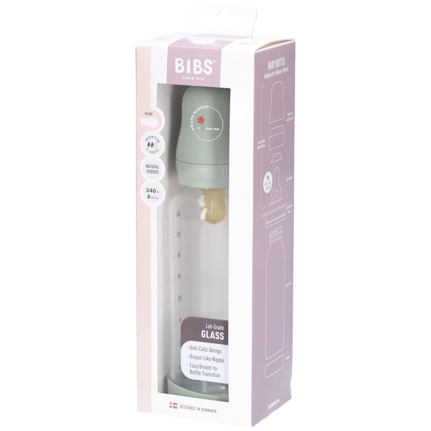 BIBS Babyflasche aus Glas, 240 ml, Komplettset. Flasche, Sauger, Deckel. Verpackung mit Produktinformationen.