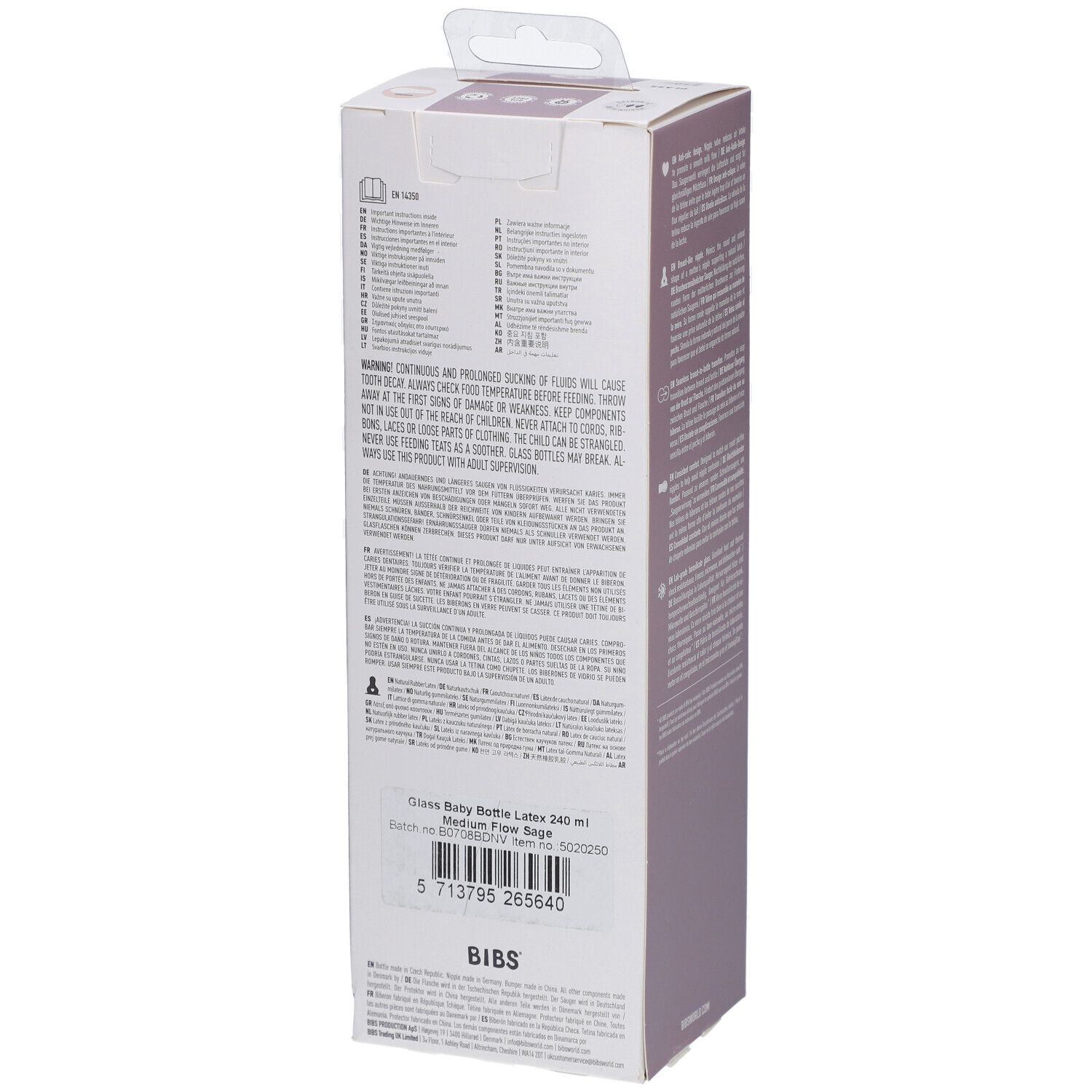 Rückseite der BIBS Babyflaschenverpackung. Textinformationen, Barcode, Herstellerinformationen. Aufhängevorrichtung.