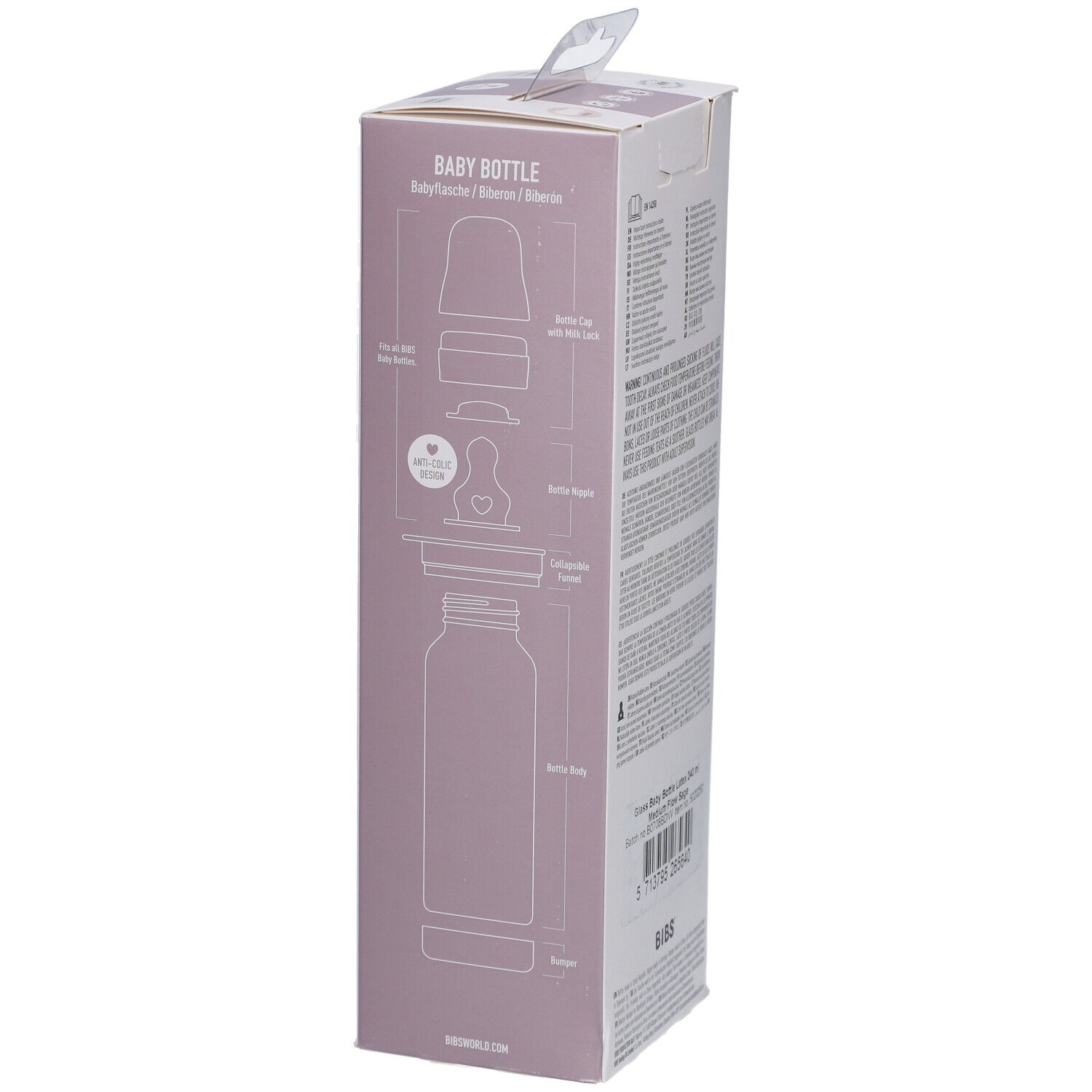 Verpackung der BIBS Babyflasche. Illustrationen der Komponenten. Aufhängevorrichtung. Produktname.
