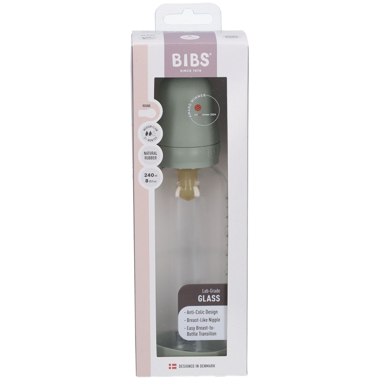 BIBS Babyflasche aus Glas, 240 ml, Komplettset in Verpackung. Flasche, Sauger, Deckel. Sage-Farbe.