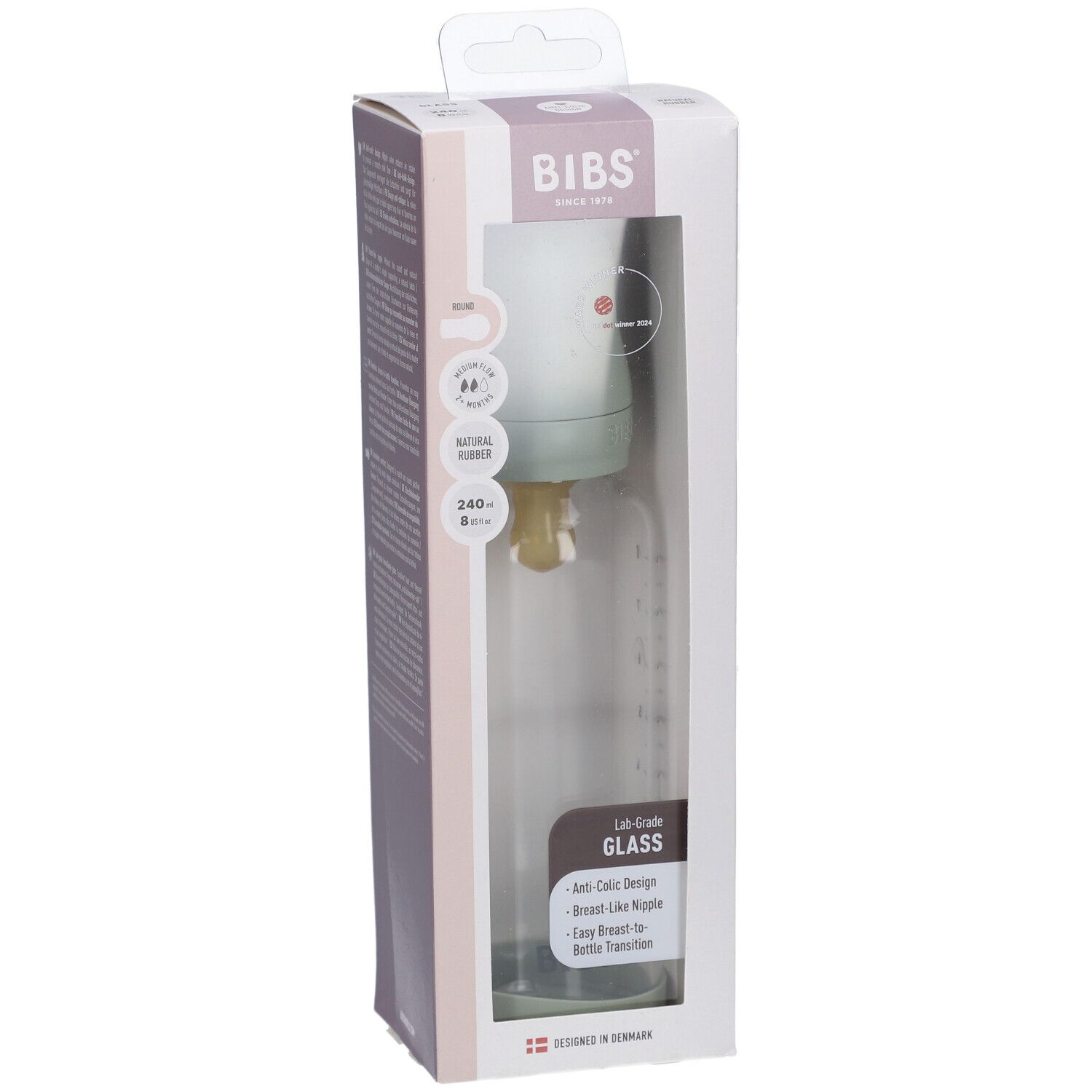 BIBS Babyflasche aus Glas, 240 ml, Komplettset in Verpackung. Flasche, Sauger, Deckel. Sage-Farbe.