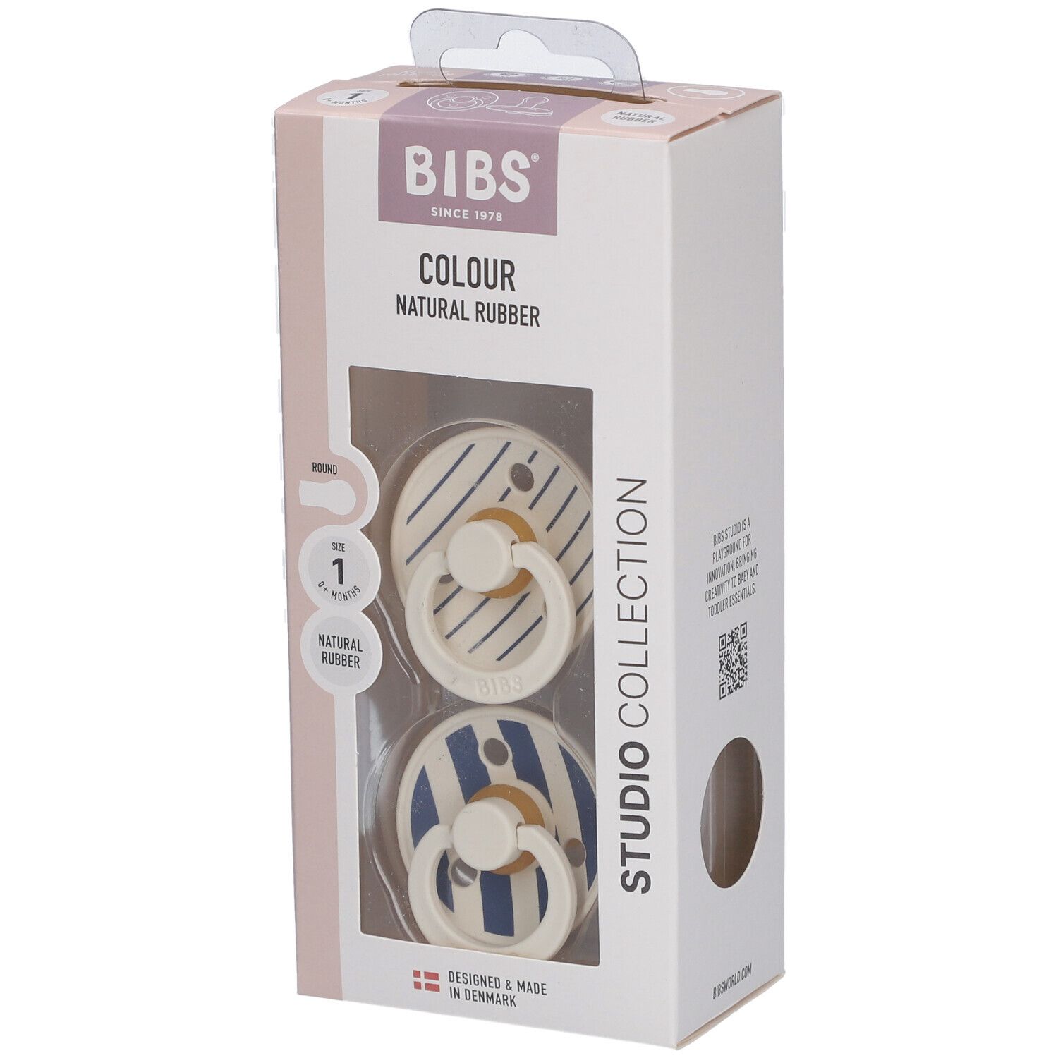 BIBS STUDIO Colour 2er Pack Schnuller. Elfenbein/Stahlblau. Naturgummi. Größe 1. Verpackung mit zwei Schnullern.