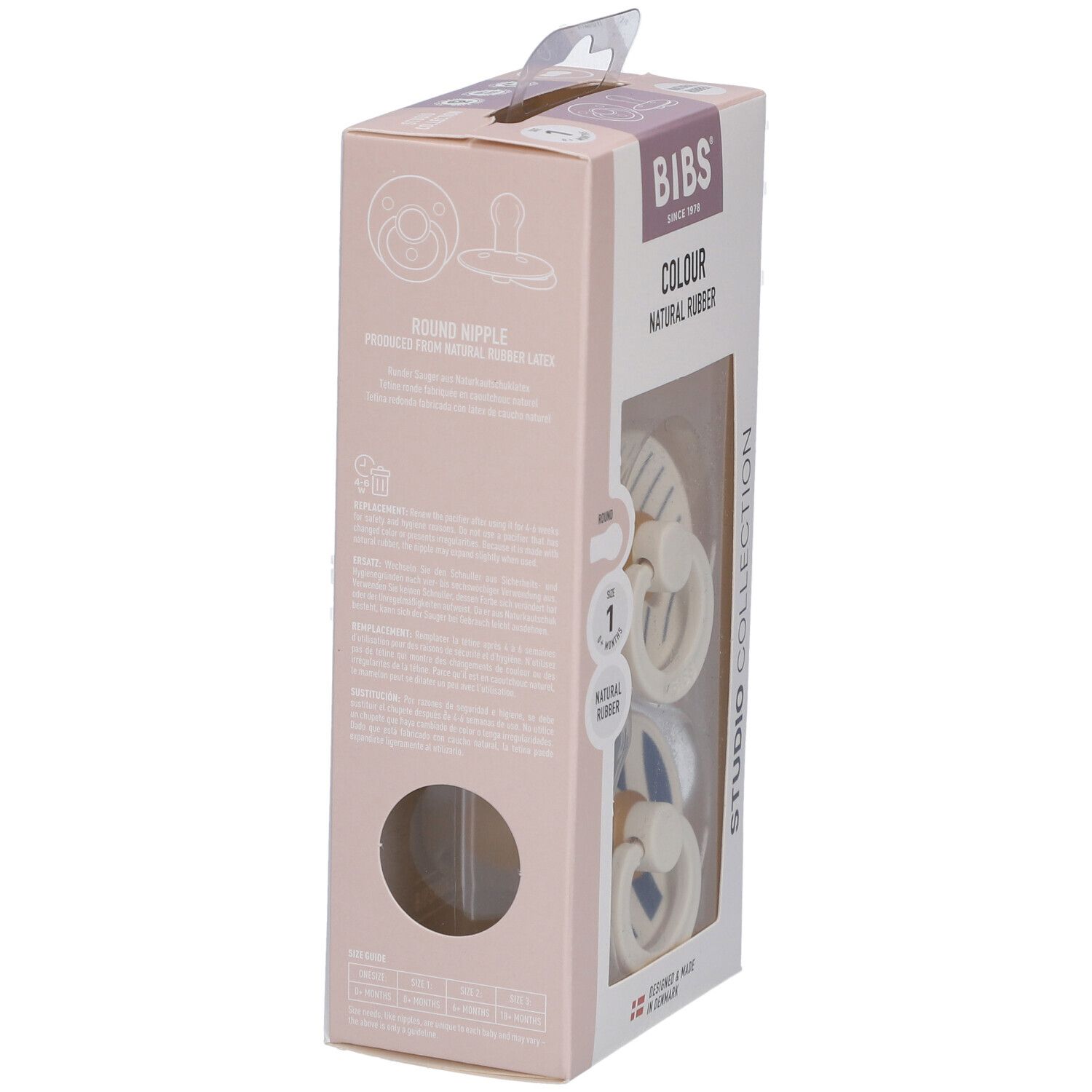 BIBS STUDIO Colour Schnuller-Verpackung. Elfenbein/Stahlblau. Naturgummi. Größe 1. Sichtfenster. Produktinformationen.