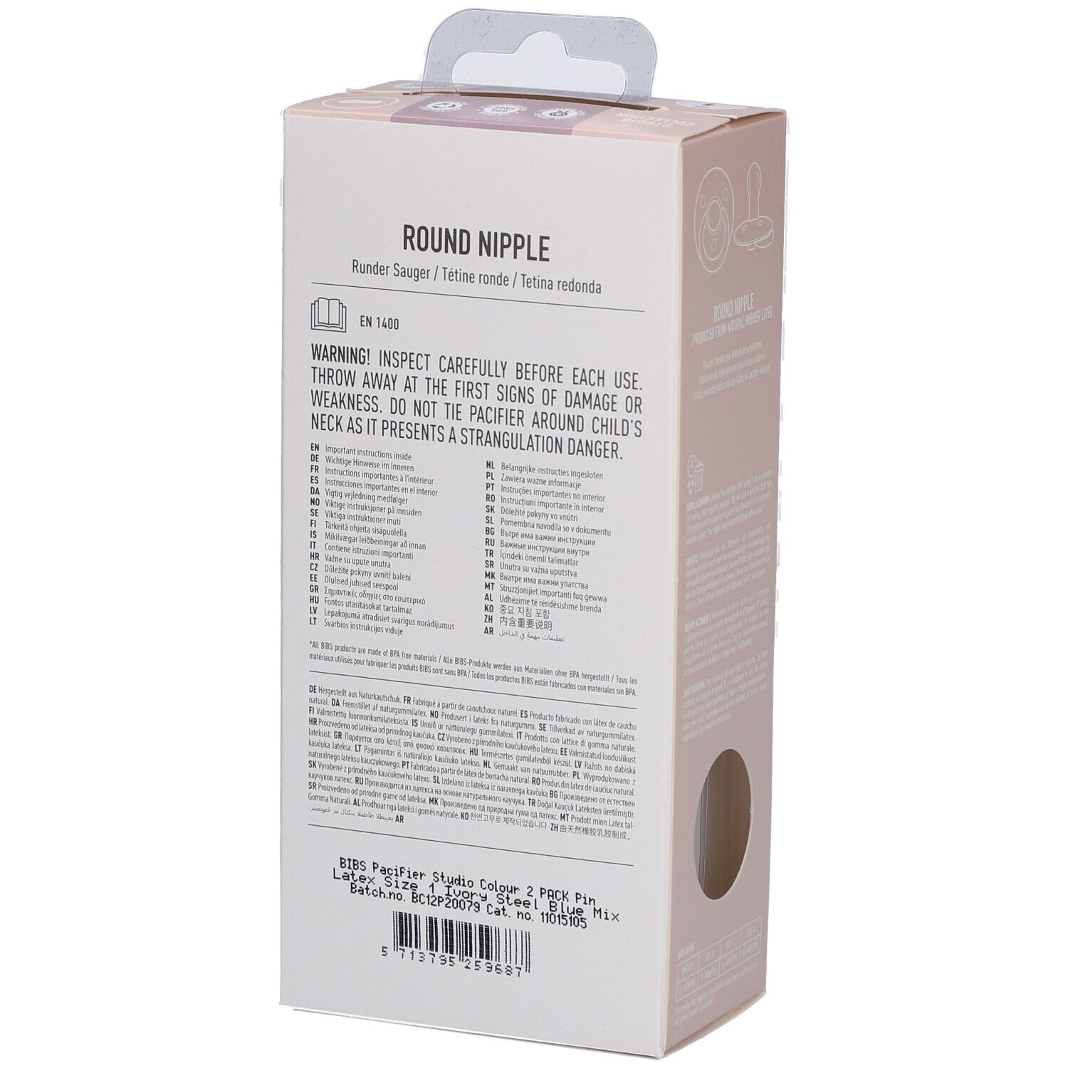 Rückseite der BIBS STUDIO Colour Schnuller-Verpackung. Warnhinweise. Produktinformationen. Hergestellt in Dänemark.